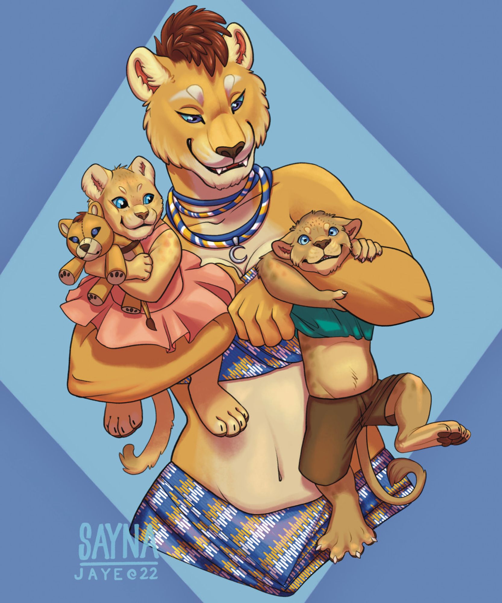 A yellow leonin in a blue, yellow, and white patterned bandeau and skirt with matching moon pendant necklace grins and she wrangles a cub in each arm. The girl in a pink dress clings to a plushie resembling her mom and looks at her brother, in shorts and green shirt, looking alarmed and hanging from mom's forearm.