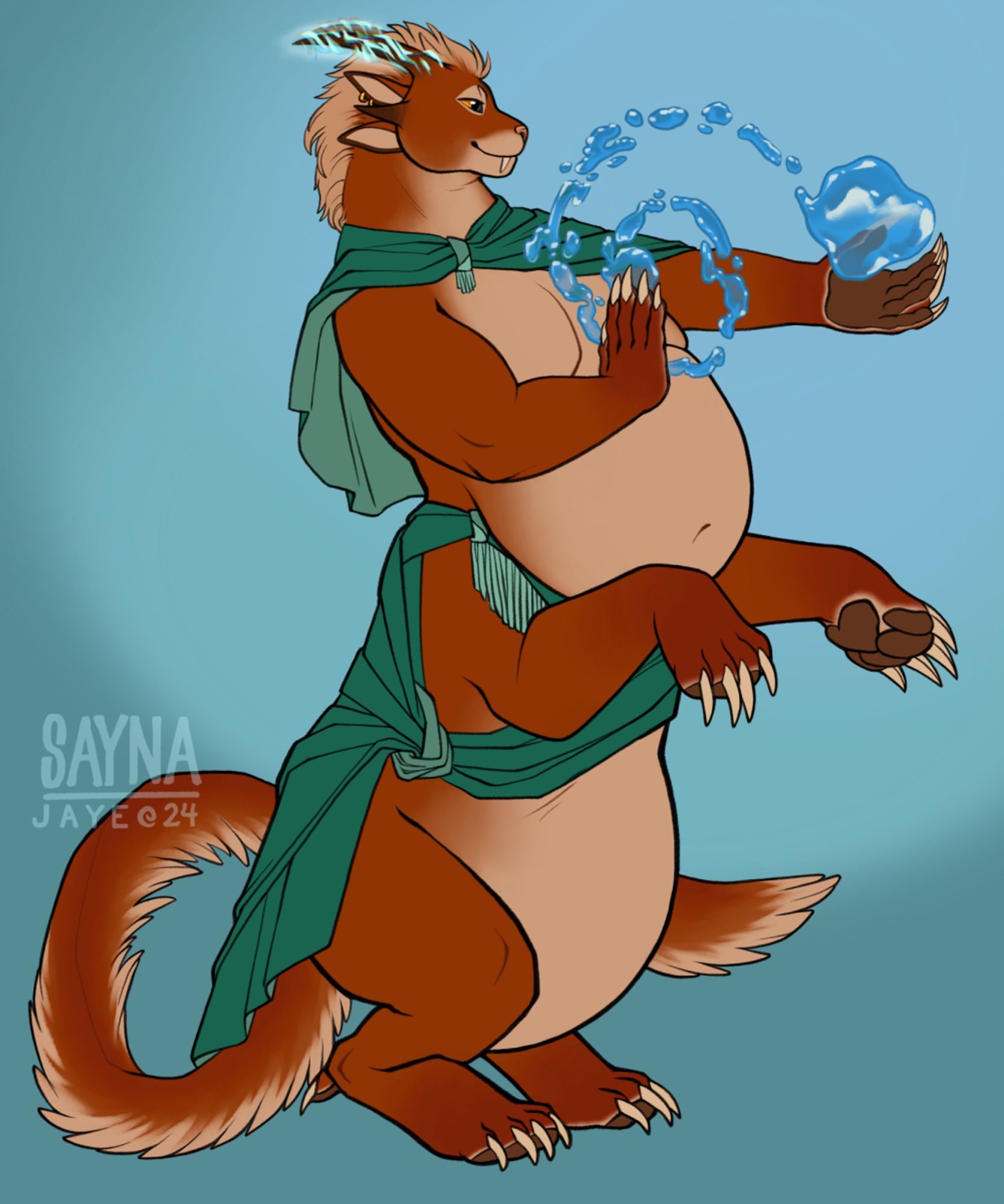 A rusty colored charr taur balances on her hind legs, knees bent deep, forepaws spread for balance. She moves her arms gracefully, causing a hovering ball of water to move from one paw to the other in a spiral. She looks calm and focused, smiling slightly.