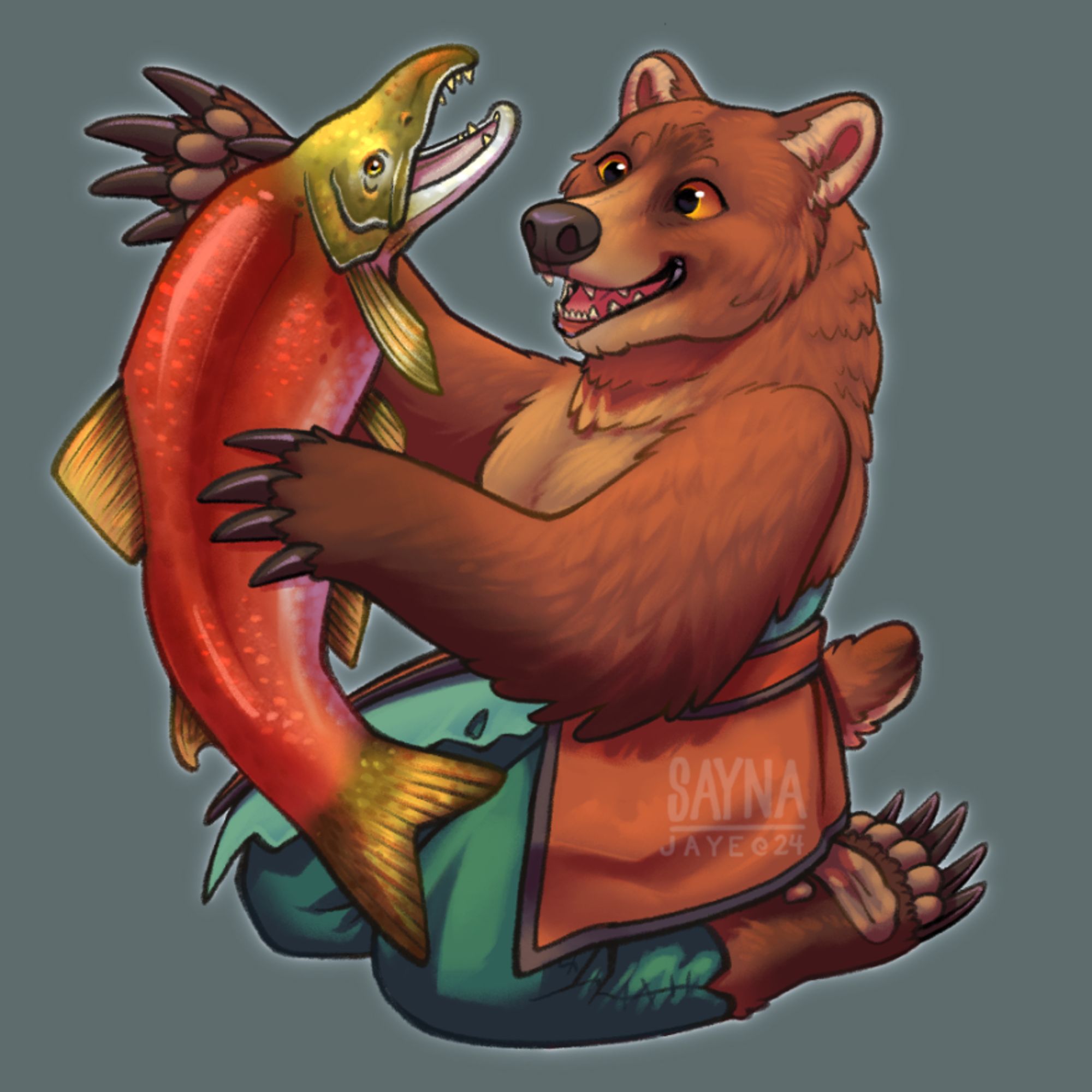 A bipedal brown bear cub kneeling, wearing turquoise pants and a tan wrap around the waist. He smiles, eyes wide, as he tries to grasp a flailing salmon.