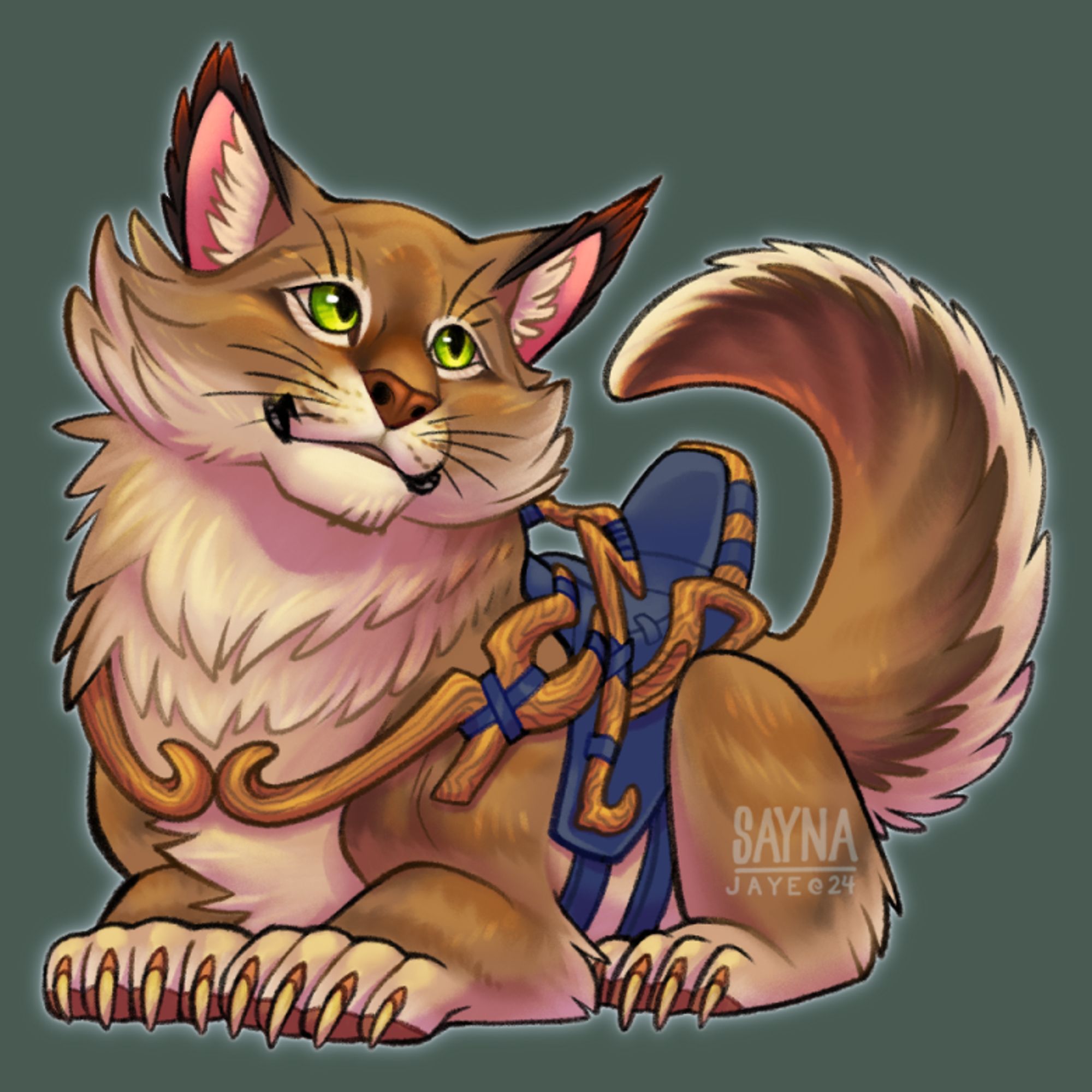 A subtly striped fawn colored cat with lots of fluff, tufted ears, claws, and a wide flat tail, wearing a saddle of wood and blue fabric, lying down and looking up cutely.