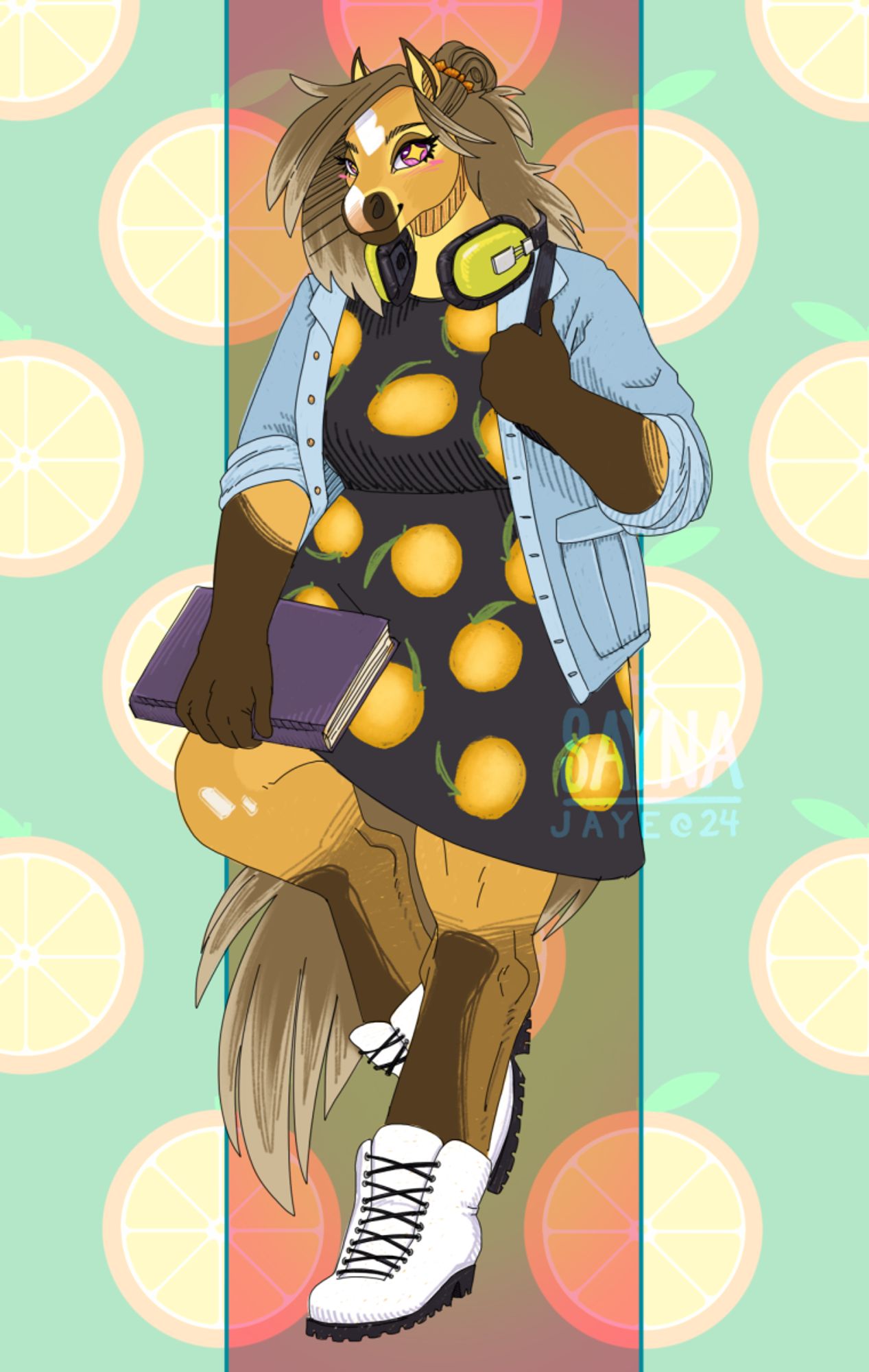 An anthro buckskin pony girl leaning against an implied wall, one foot resting on the wall while a hand holds the strap of her back and the other rests a book on her knee. Her hair is partially tied up, and she wears a black dress with oranges on it, a denim jacket with the sleeves rolled, white doc marten styled shoes, and a pair of chunky green headphones around her neck. 