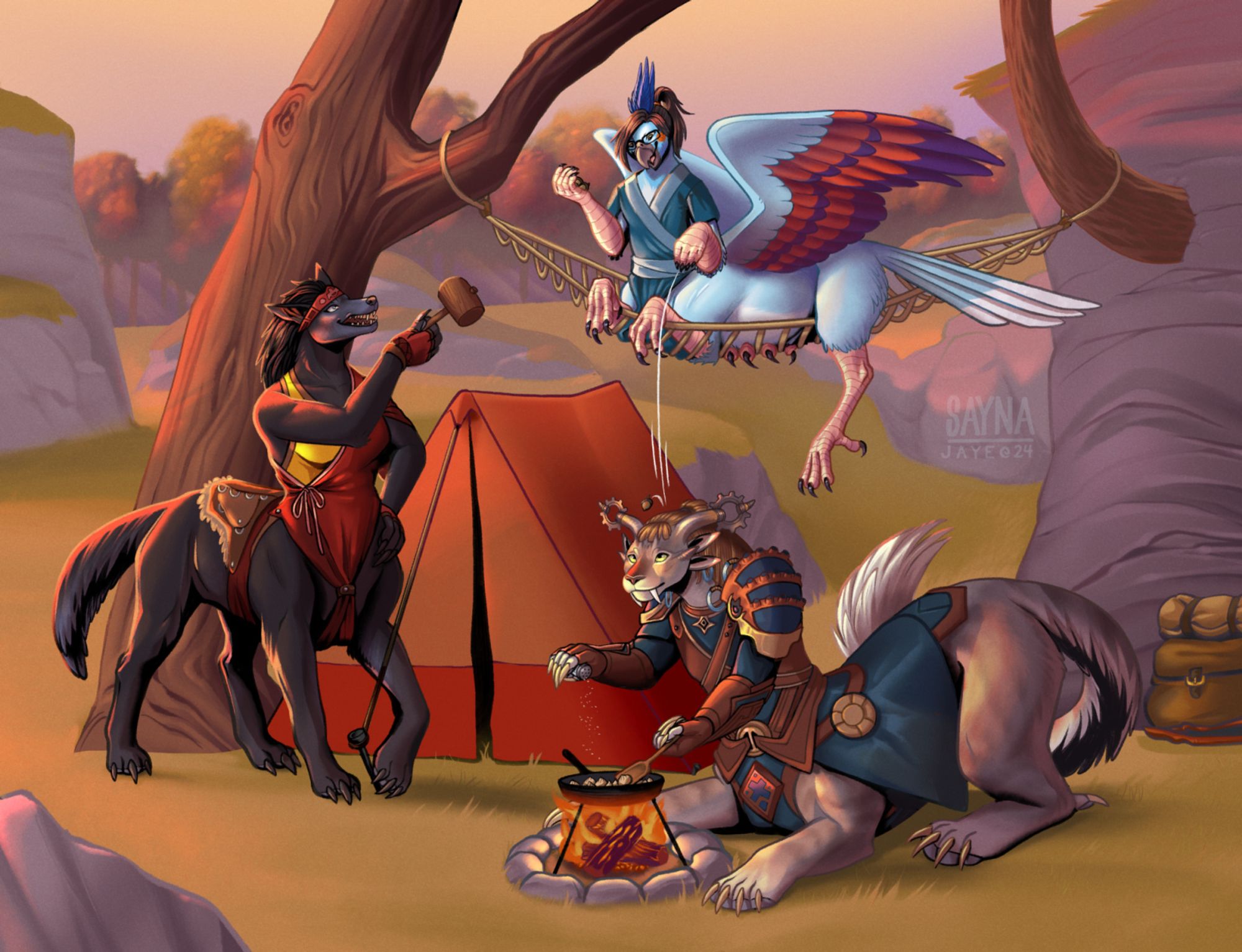 A camping scene featuring three different taur characters in a rocky field at sunset, a forest visible in the distance. A black worgen gal has just finished setting up her tent and waggles a mallet in amusement at a blue cockatiel with red and purple wings nestled in a hammock above. He cheekily tosses an acorn onto the head of a grey striped charr below who looks up from her crouched position seasoning dumplings by the campfire.