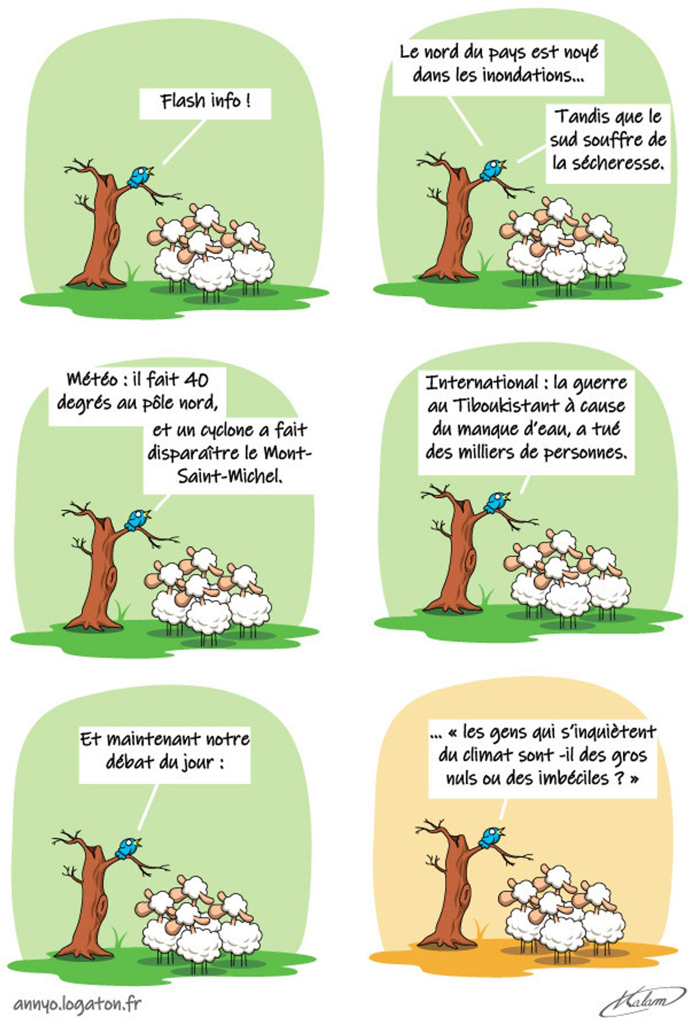 L'oiseau donne des nouvelles aux moutons :
- Flash info ! Le nord du pays est noyé sous l'eau alors que le sud, subit la sécheresse. Il fait 40° au pôle nord et des cyclones ont détruit le mont saint Michel. 
Et maintenant le débat du jour : les gens qui s'inquiètent du changement climatique sont-ils des gros nuls ou des imbéciles.