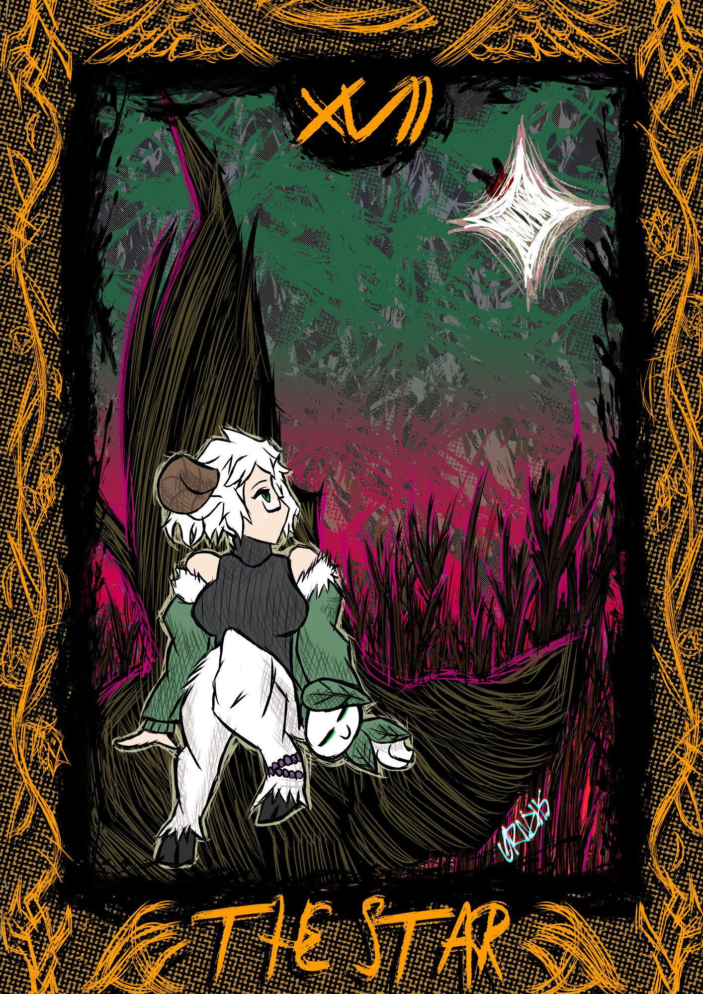 Tarot card for The Star, featuring VTuber Maia Saku on a tree staring up at a nearby star