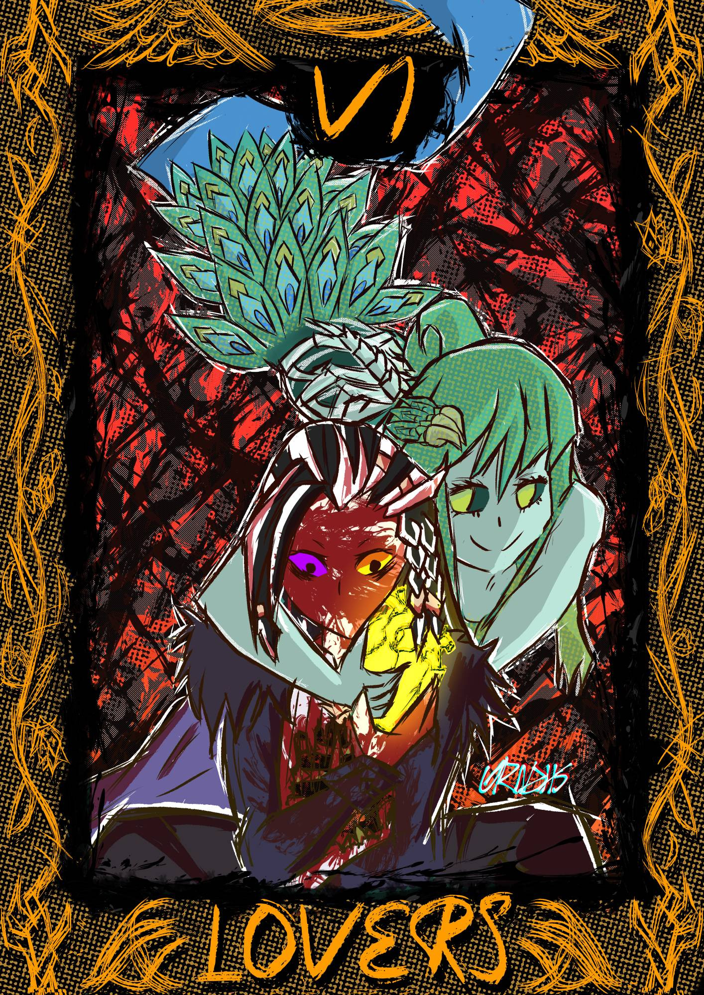 Tarot card for The Lovers, featuring a bloodied Qrownzer clutching his golden heart while Peakawk the demon tenderly hugs him