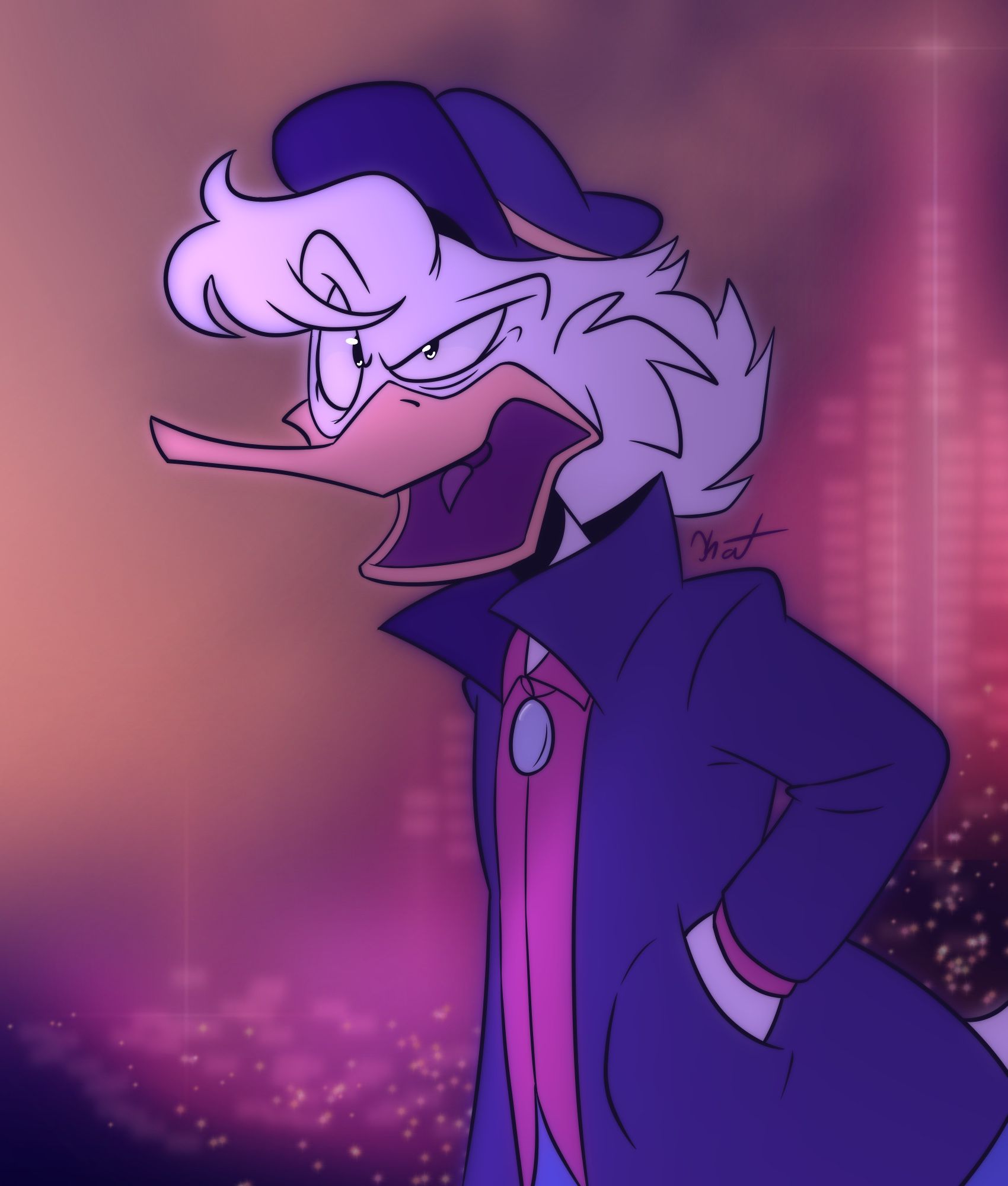 Purple and pink toned mood of a cartoon duck on a vague city scale background, he’s the main focus, very stylized, he’s wearing a black coat and conductor looking hat, red shirt and blue pants with a blue necklace around his neck