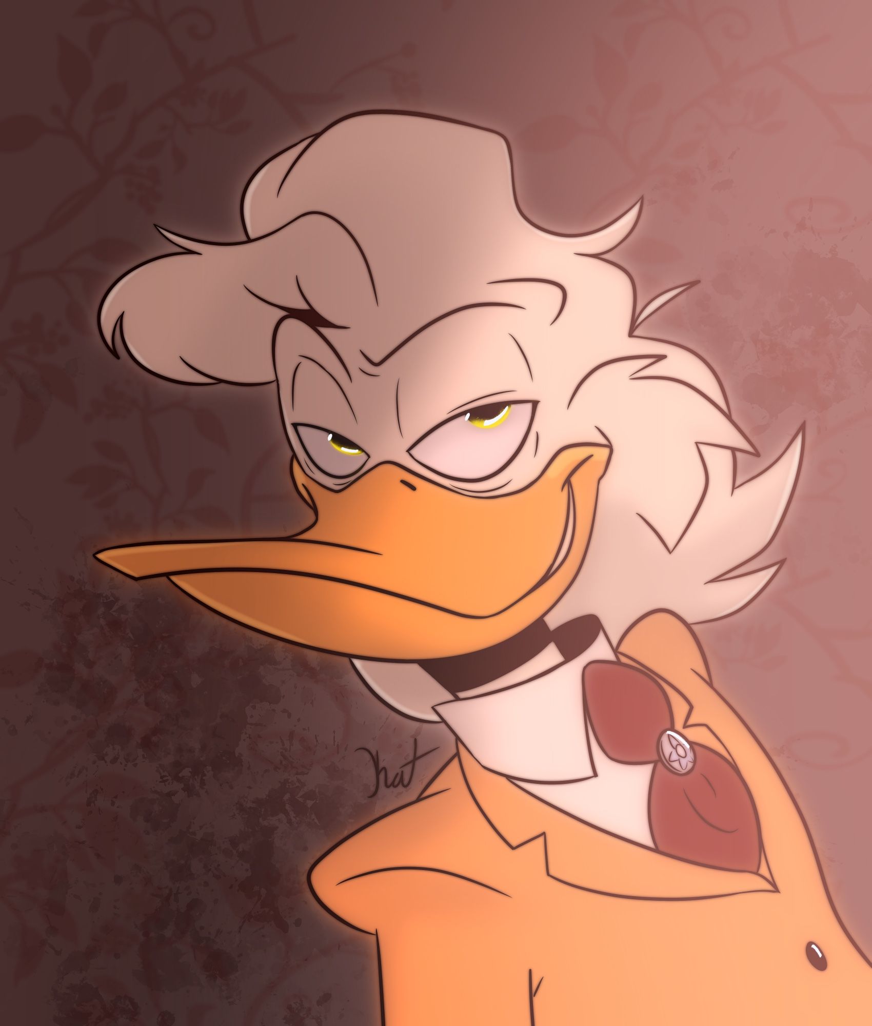 A Sly looking cartoon duck known as Cassidy, very fluffy hair with cheek fluff longer than Scrooge McDucks, very well dressed and the whole image is a very light warm tone