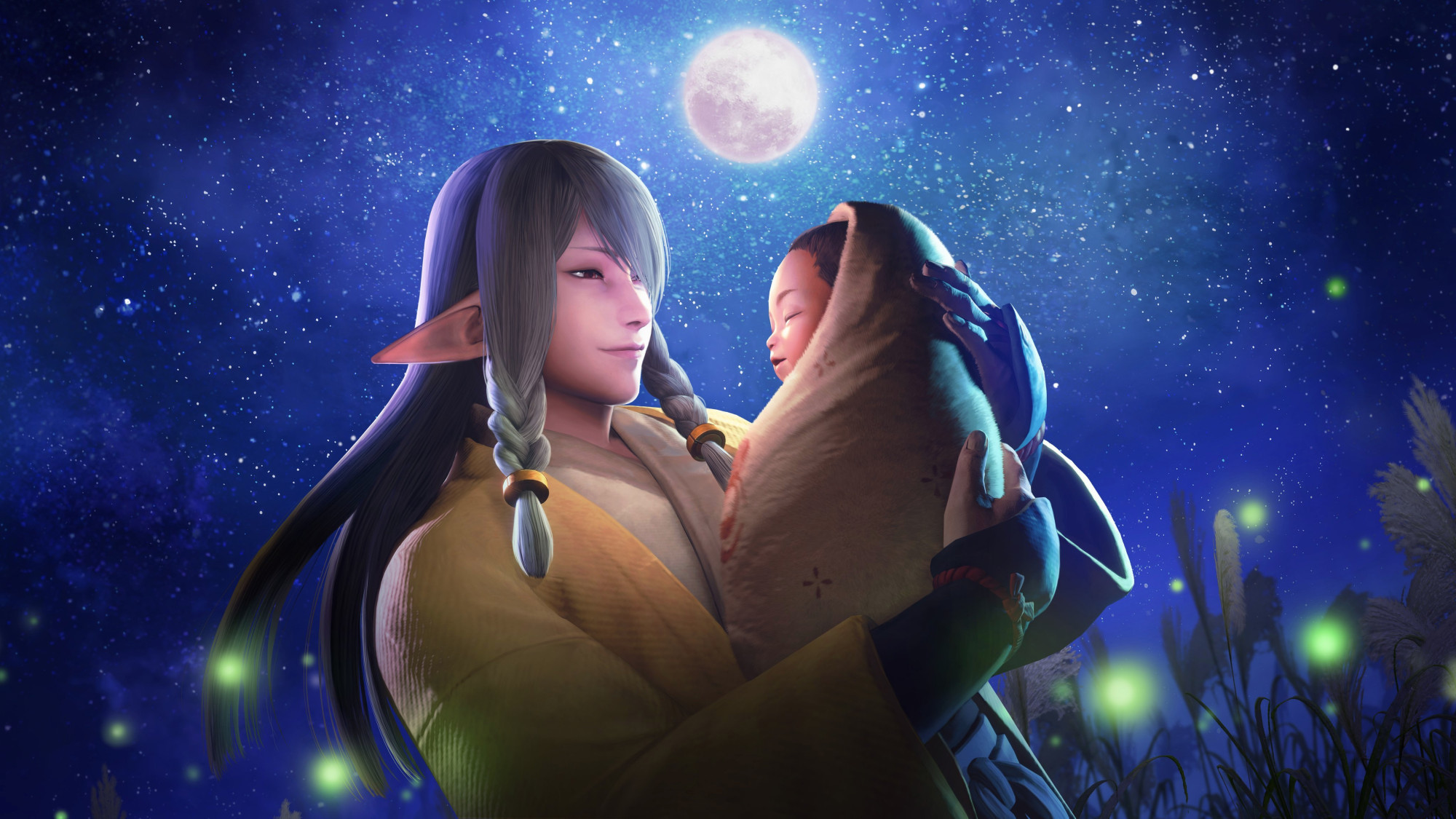 An official render posted by Sunbreak Director Suzuki. It is an image of Kagero from Monster Hunter Rise, without his mask. He is smiling at, and holding a baby Yomogi, who is wrapped in a bundle of cloth. The moon shines brightly in the background as fireflies surround them.