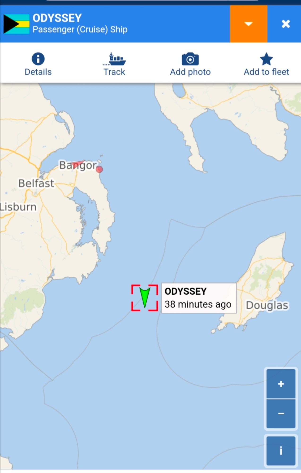 AIS record from Vessel Finder. The Odyssey is currently in the middle of the Irish Sea, heading south past the Isle of Man.