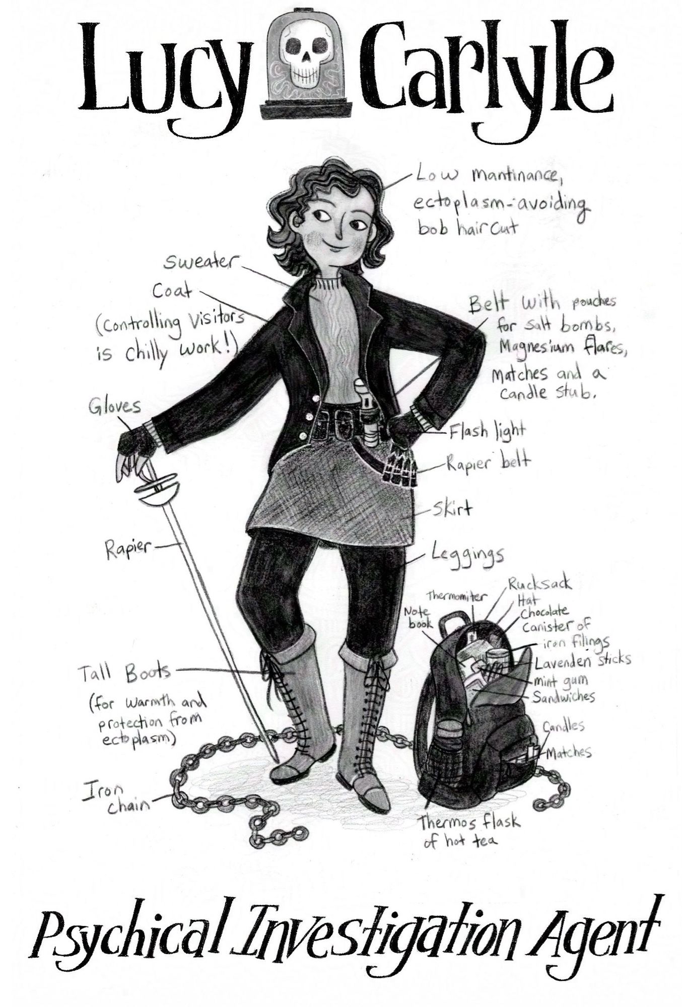 Black and white diagram style illustration showing a psychical agent’s kit from the books Lockwood and Co by Jonathan Stroud. Pictures is Lucy Carlyle standing in a jaunty pose with all the items of her trade around here with labels.