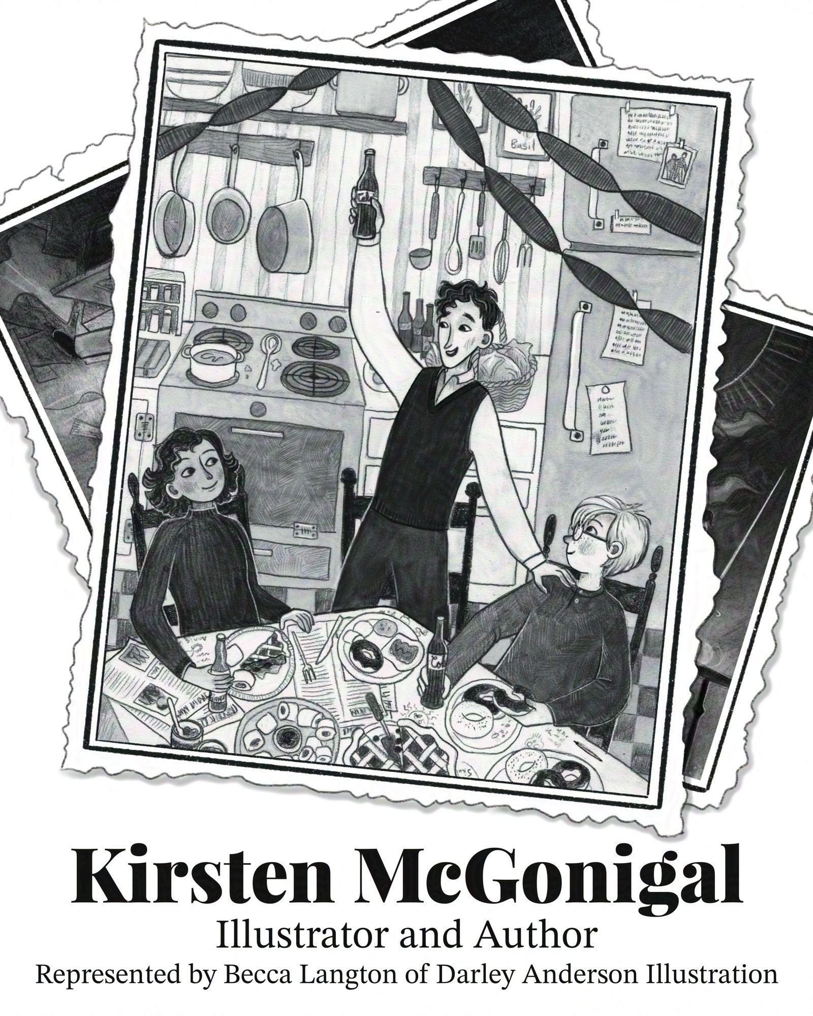 Kid Lit Art Postcard showing illustrated black and white photographs appropriate for a middle grade chapter book. Photographs show three friends eating sweet treats around a table in a kitchen and joining in a toast with their bottles of coke and ginger ale.