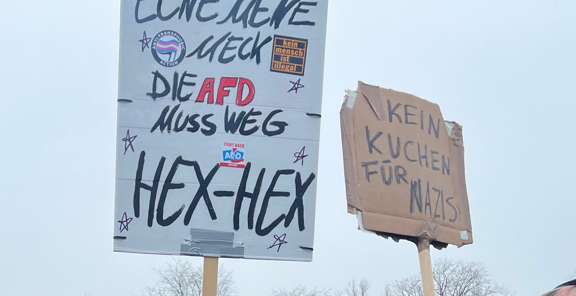 Zwei Demoschilder: „Eene Mene Meck - Die AfD muss weg - HEX HEX“ und „Kein Kuchen für Nazis“