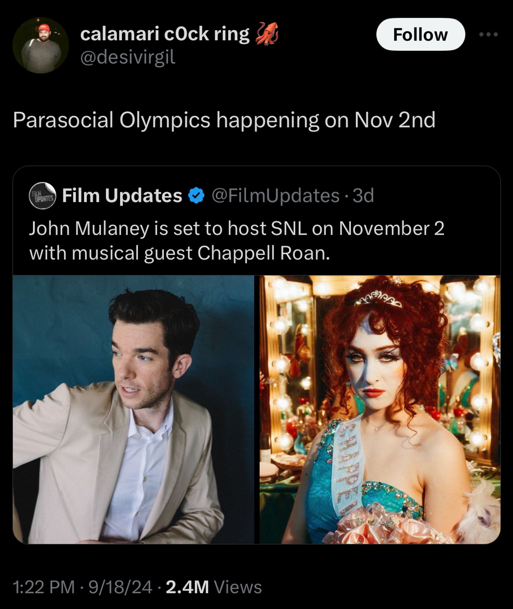 Chappel roan and john mulaney on snl. Quote tweet : the parasocial Olympics