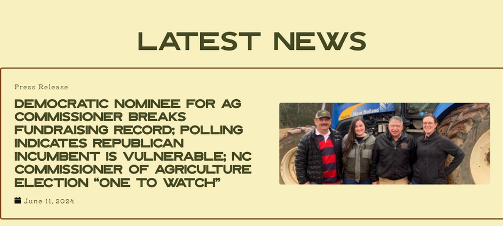 Screenshot of a press release's headline from my website. The headline reads "Democratic Nominee for Ag. Commissioner Breaks Fundraising Record; Polling Indicates Republican Incumbent Is Vulnerable; NC Commissioner of Agriculture Election 'One To Watch' "