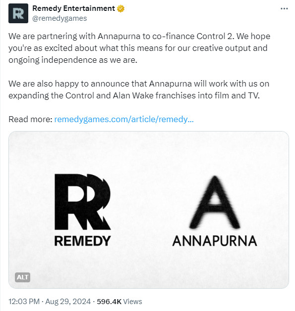 A screenshot of a tweet from Remedy Entertainment that reads: "We are partnering with Annapurna to co-finance Control 2. We hope you're as excited about what this means for our creative output and ongoing independence as we are.

We are also happy to announce that Annapurna will work with us on expanding the Control and Alan Wake franchises into film and TV.

Read more: https://remedygames.com/article/remedy-and-annapurna-announce-a-strategic-cooperation-agreement "