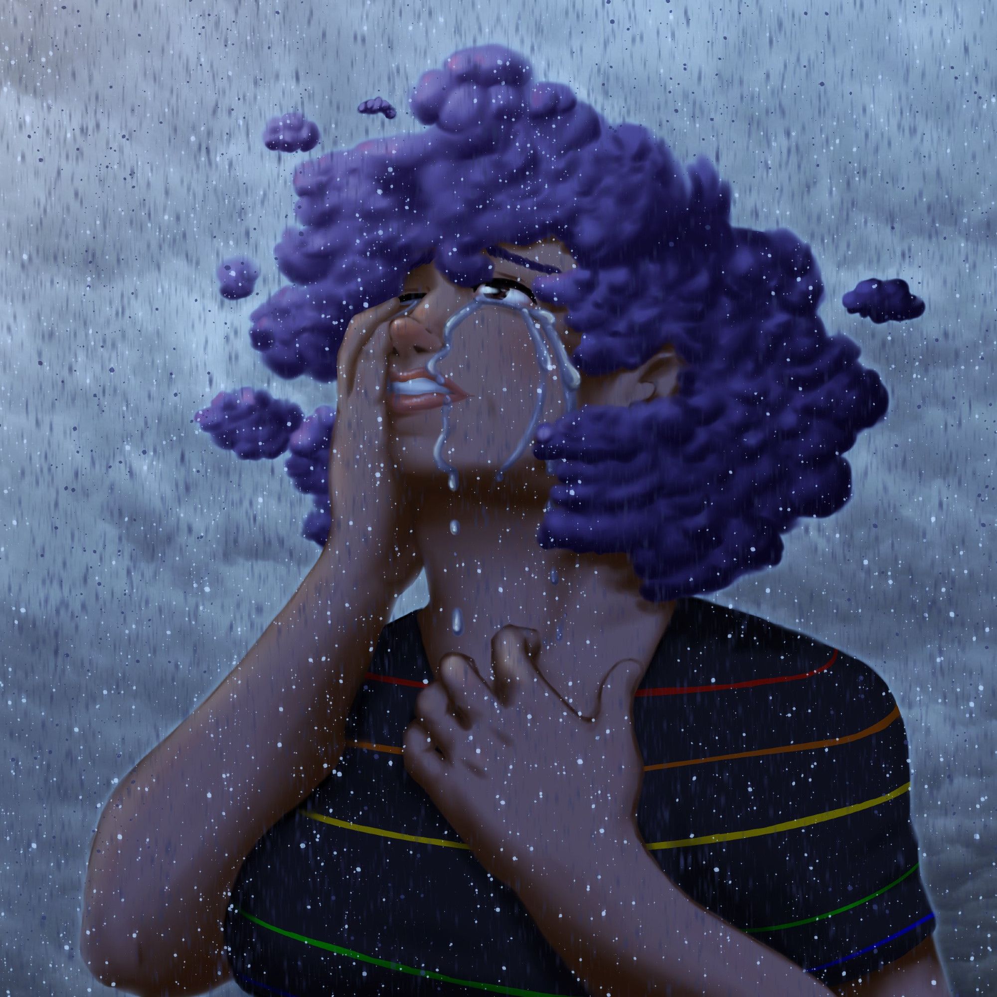 Image of a woman with purple hair that looks like rain clouds, standing in the rain, looking up into the sky as she cries heavily and grips at her chest. There is the barest hint of light, indicating hope for the sun again.