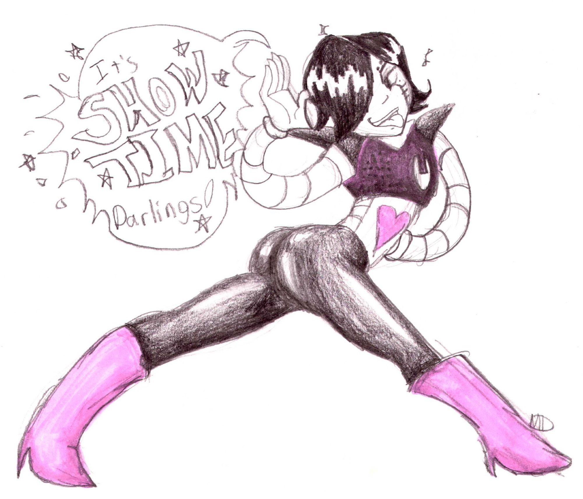 Pencil and marker sketch of Mettaton from the videogame Undertale striking a pose and exclaiming, "It's showtime, darlings!"