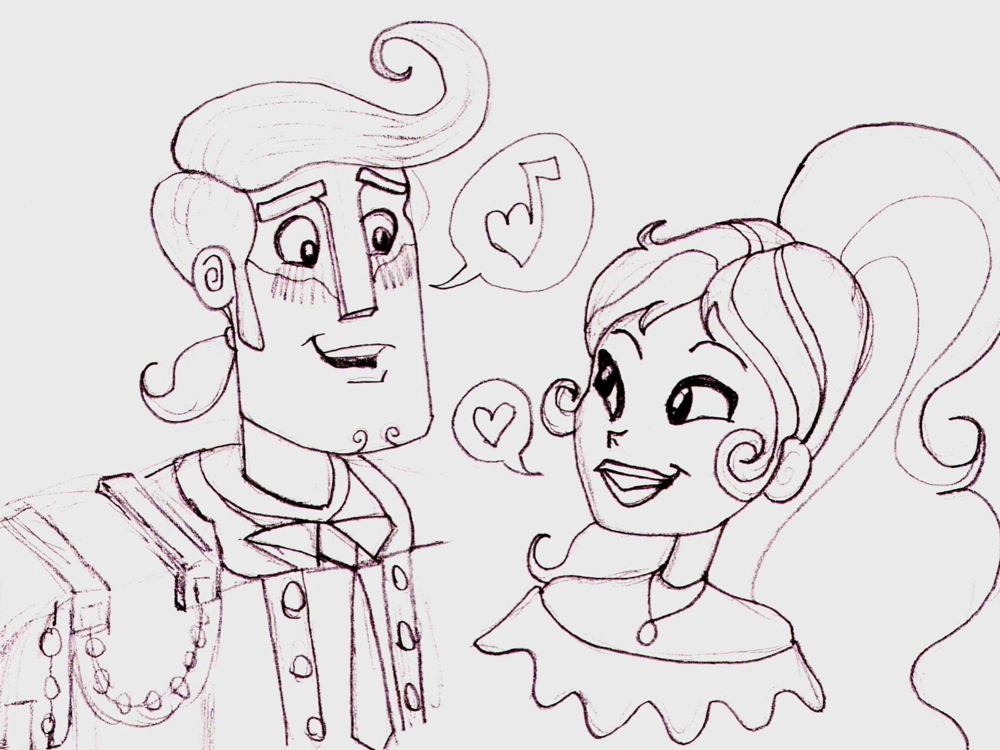 Pen sketch of Manolo and Maria from the animated film "The Book of Life". Manolo is blushing with a little word bubble that shows a music note heart, while Maria is smiling at him, with a word bubble with a heart in it.