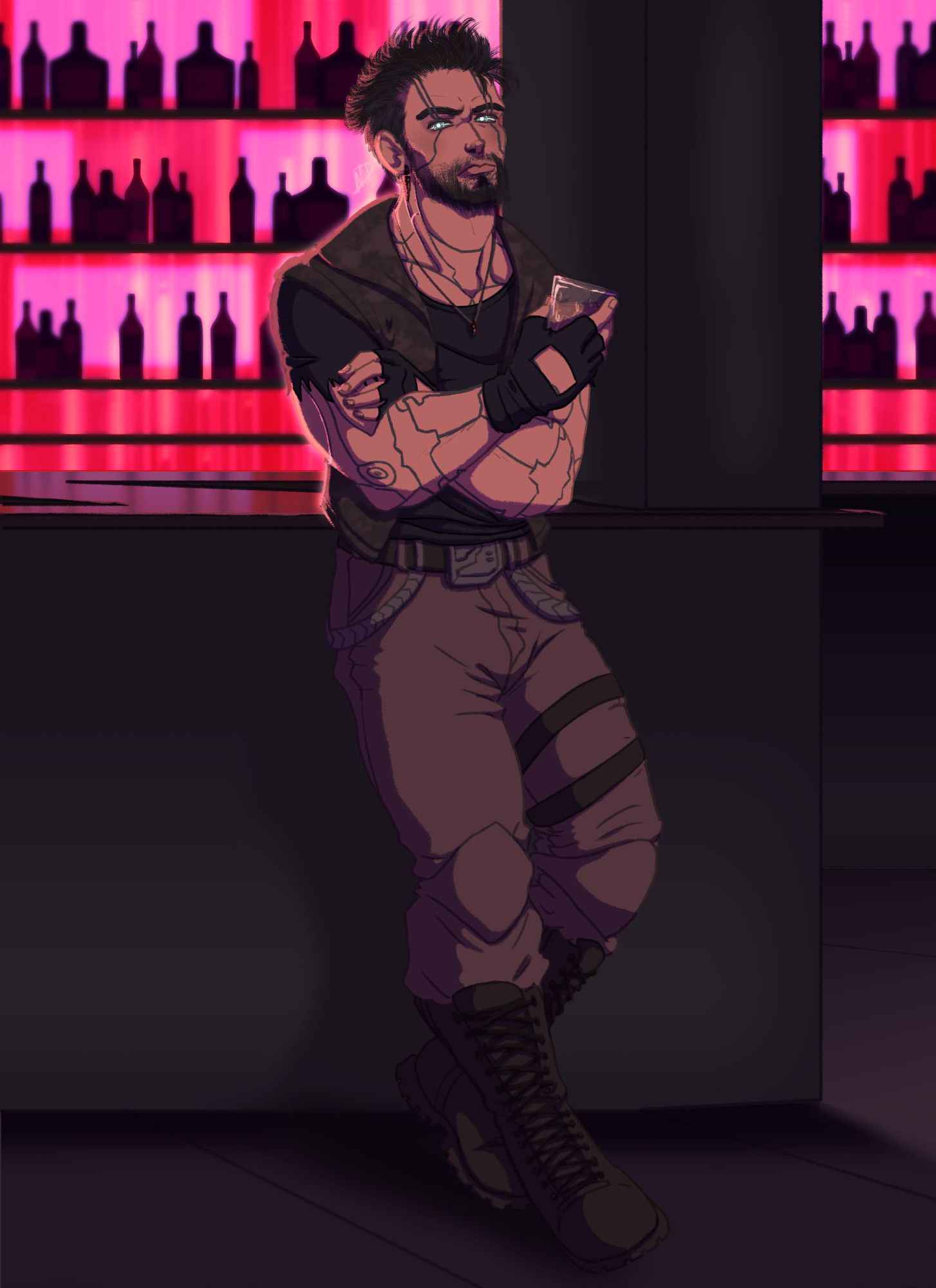 A fit man with dark, spiky hair, silver eyes and lots of hardware on his body dressed in grungy clothes holding a glass of alcohol leaning against a bar and looking intense. The whole piece is colored with deep reds and fuchsias.