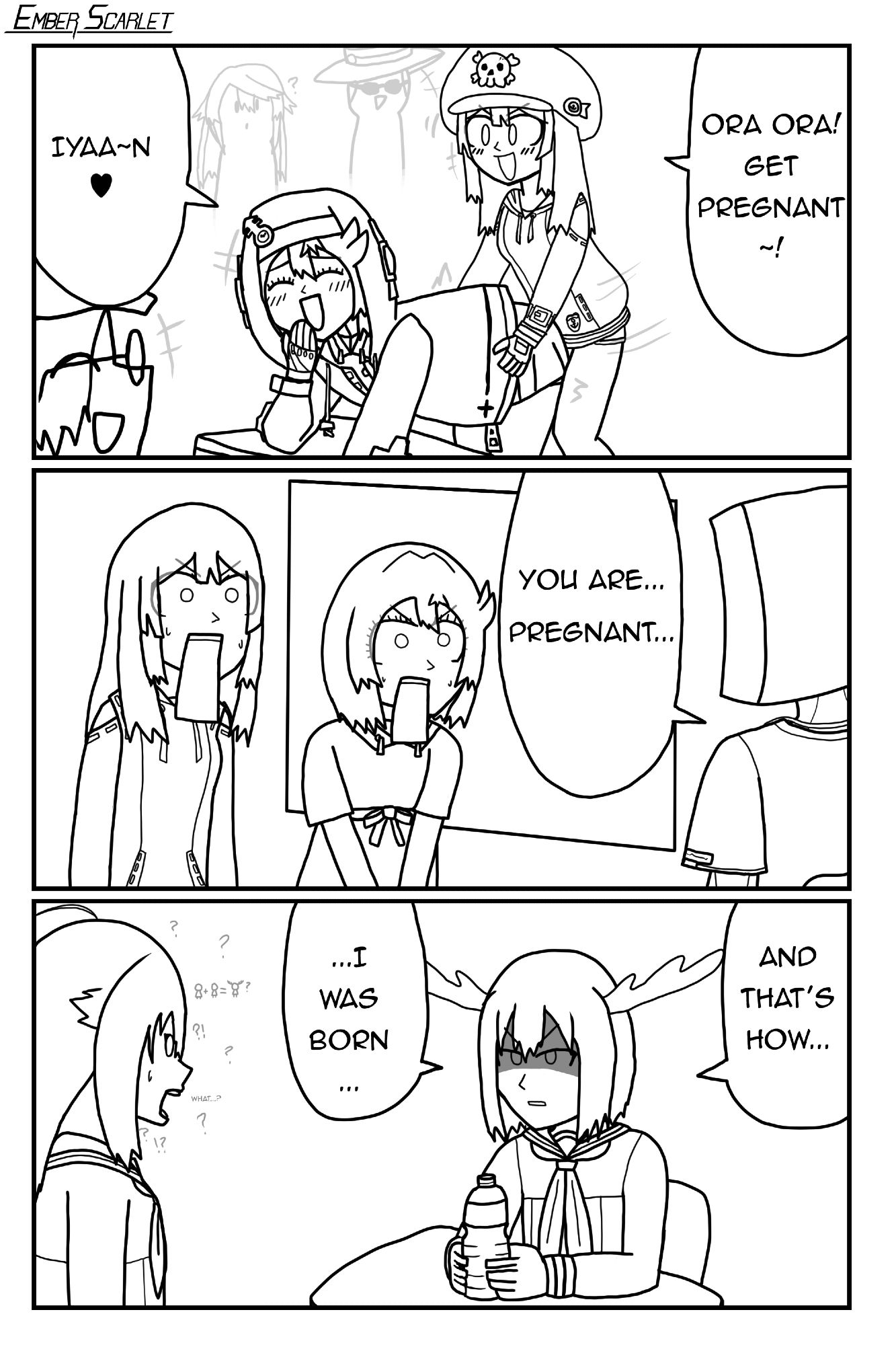 A gag comic based off of the "ora ora get pregnant" gag comic.

The first panel is May from Guilty Gear jokingly pretending to have intercourse with Bridget (also from Guilty Gear), going "Ora ora! Get pregnant~!" with Bridget laughing saying "Iyaa~n ♡". April, Ramlethal, and Johnny are also there, April and Johnny are laughing, meanwhile Ramlethal is confused.

The second panel has May and Bridget at Faust's office, Faust is telling Bridget "You are... Pregnant...", with her and May looking completely flabbergasted after being told this. 

The third panel is Noko Shikanoko, also known as Nokotan, from My Deer Friend Nokotan, talking to Torako Koshi, or Koshitan, from the same manga, "And that's how... ...I was born..." with Nokotan looking completely serious comedically out of nowhere at her desk holding a water bottle, with Koshitan looking completely baffled at this, mumbling "what...?". Next to Koshitan's head is a math expression visually communicating "girl + girl = deer girl?".