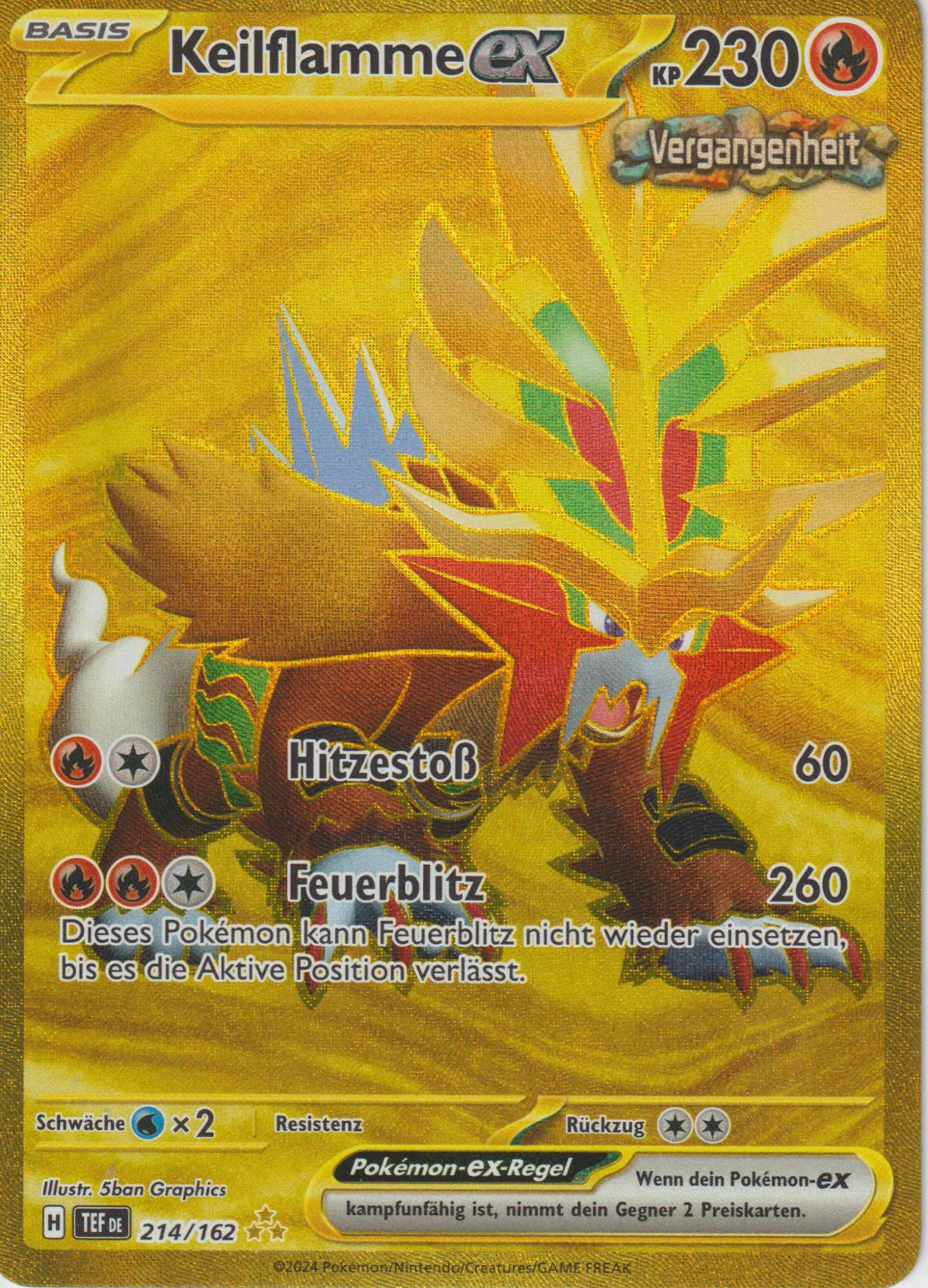 Eine goldene Pokemonkarte mit dem Pokemon "Keilflamme" in der EX-Variante und angeblich "hyper selten" (3 Sterne)