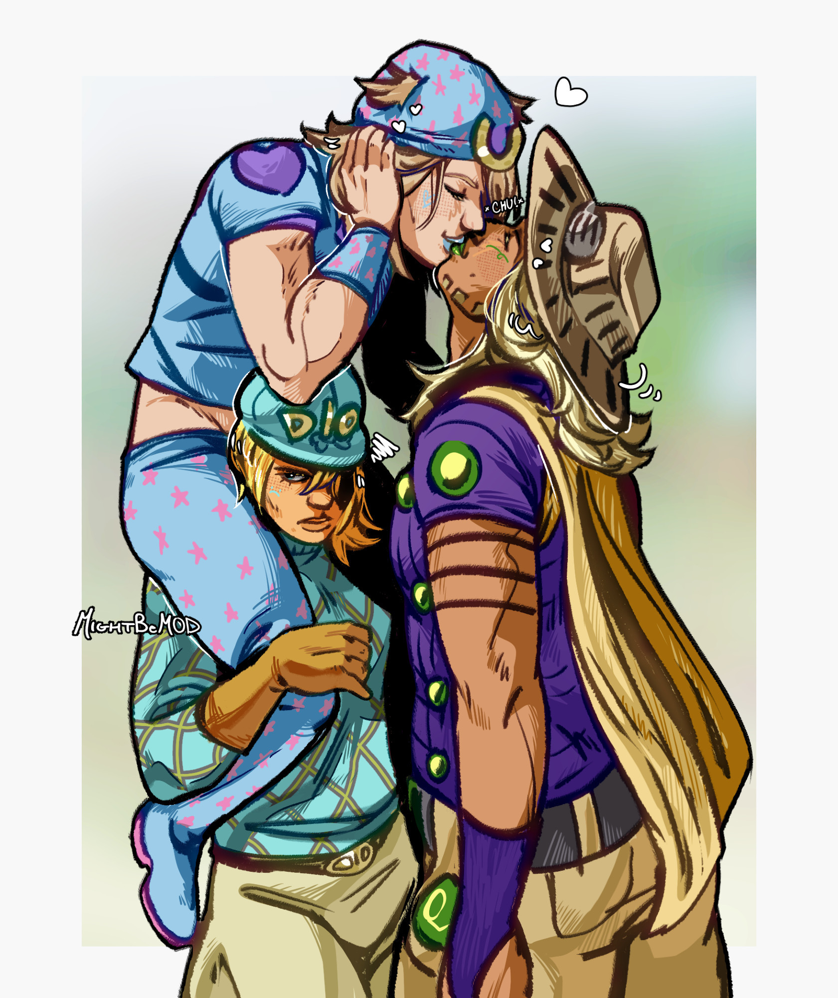 Digital art redraw of a a meme image. Johnny and Gyro are kissing with help from Diego letting Johnny sit on his shoulders to reach Gyro. Diego is not happy about this.