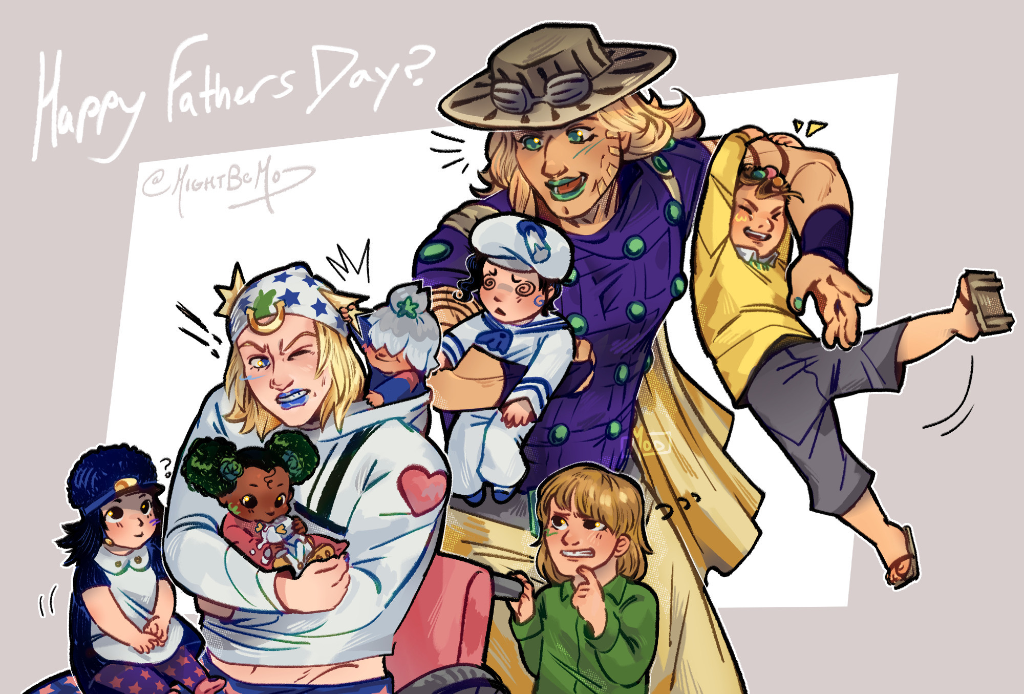 Digital art of Johnny and Gyro with all of Johnny's descendants as babies/kids. Johnny's hair is being pulled by baby Jodio while Gyro is having fun carrying child Joseph and toddler Kira.