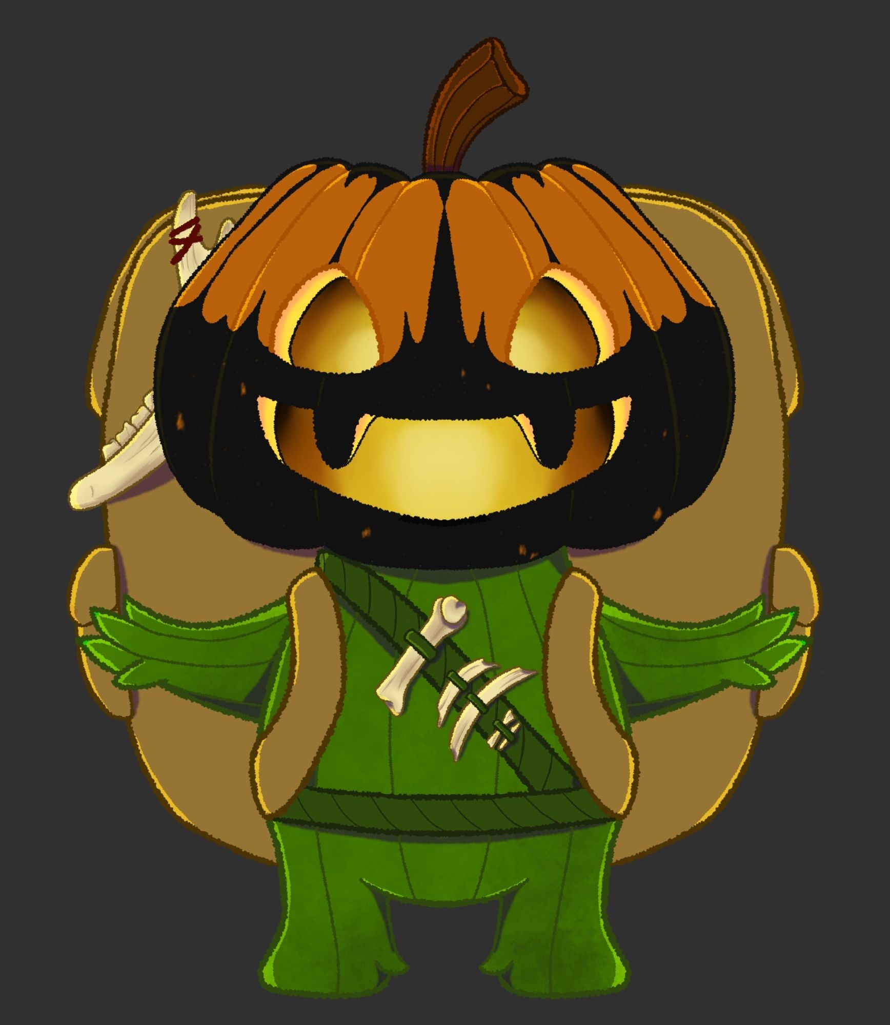 Batty, my pumpkin leshy (Pathfinder 2e character). She has a pumpkin head on a short body made of pumpkin vines. She carries a very large backpack & has a vine "bandolier" with small bones & bone shards on it. She has a big friendly smile with rounded "fangs" & big rounded triangle eyes carved into her head. They are lit from within