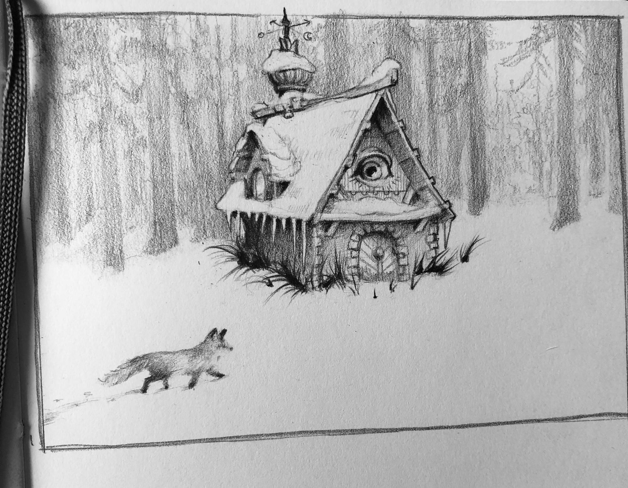 A graphite drawing of a witch's hut with an eyeball for a dormer window. The hut is nestled into a deep snowbank in a pine forest. A lone fox trots through the snow in front of the hut. It's winter but it's not the worst thing. 