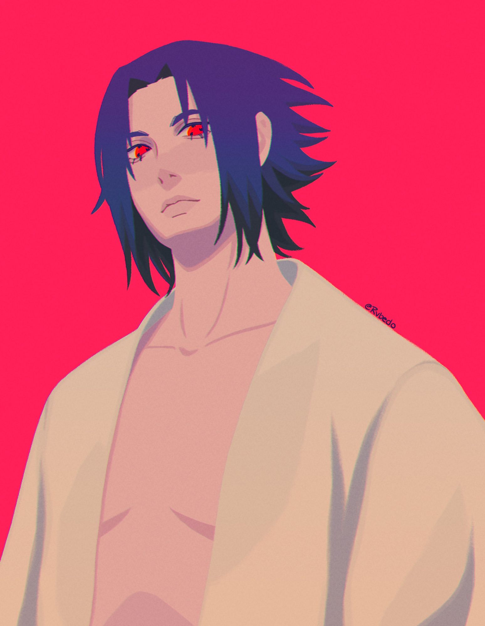 Portrait of Sasuke Uchiha wearing his first outfit in Naruto Shippuden with his Sharingan eyes activated