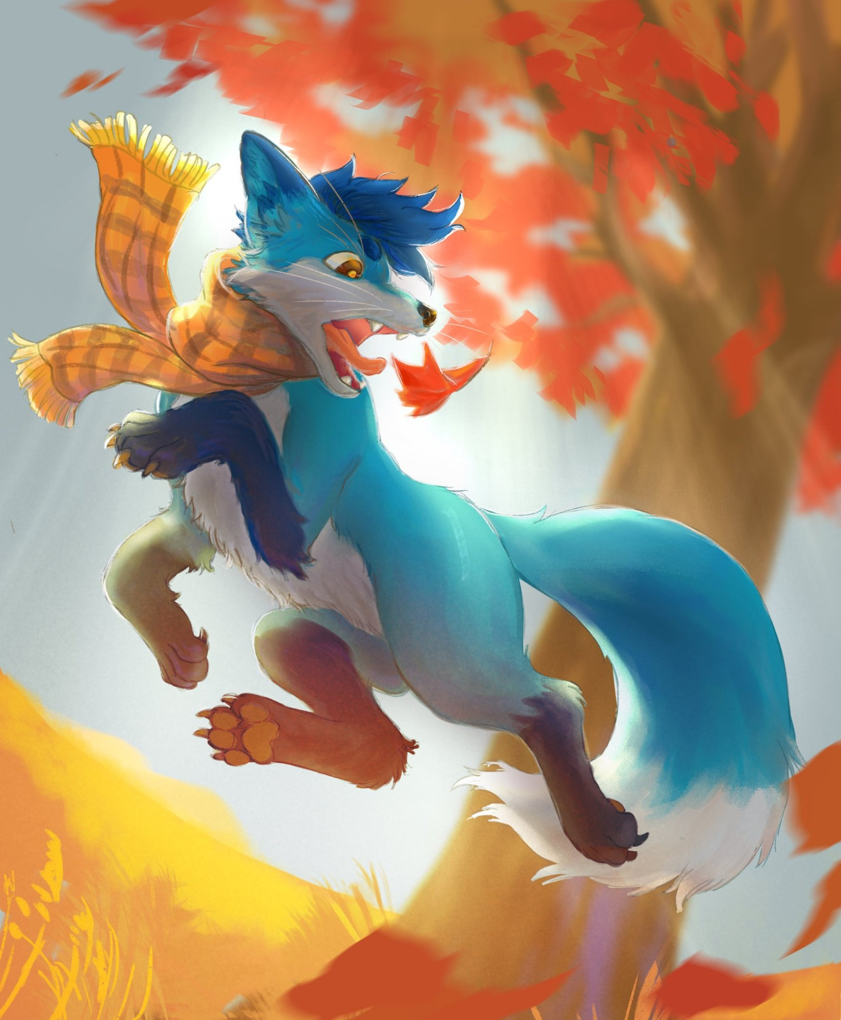 A quadrupedal blue/gray fox frolicking in some falling automn leaves while wearing a golden colored scarf