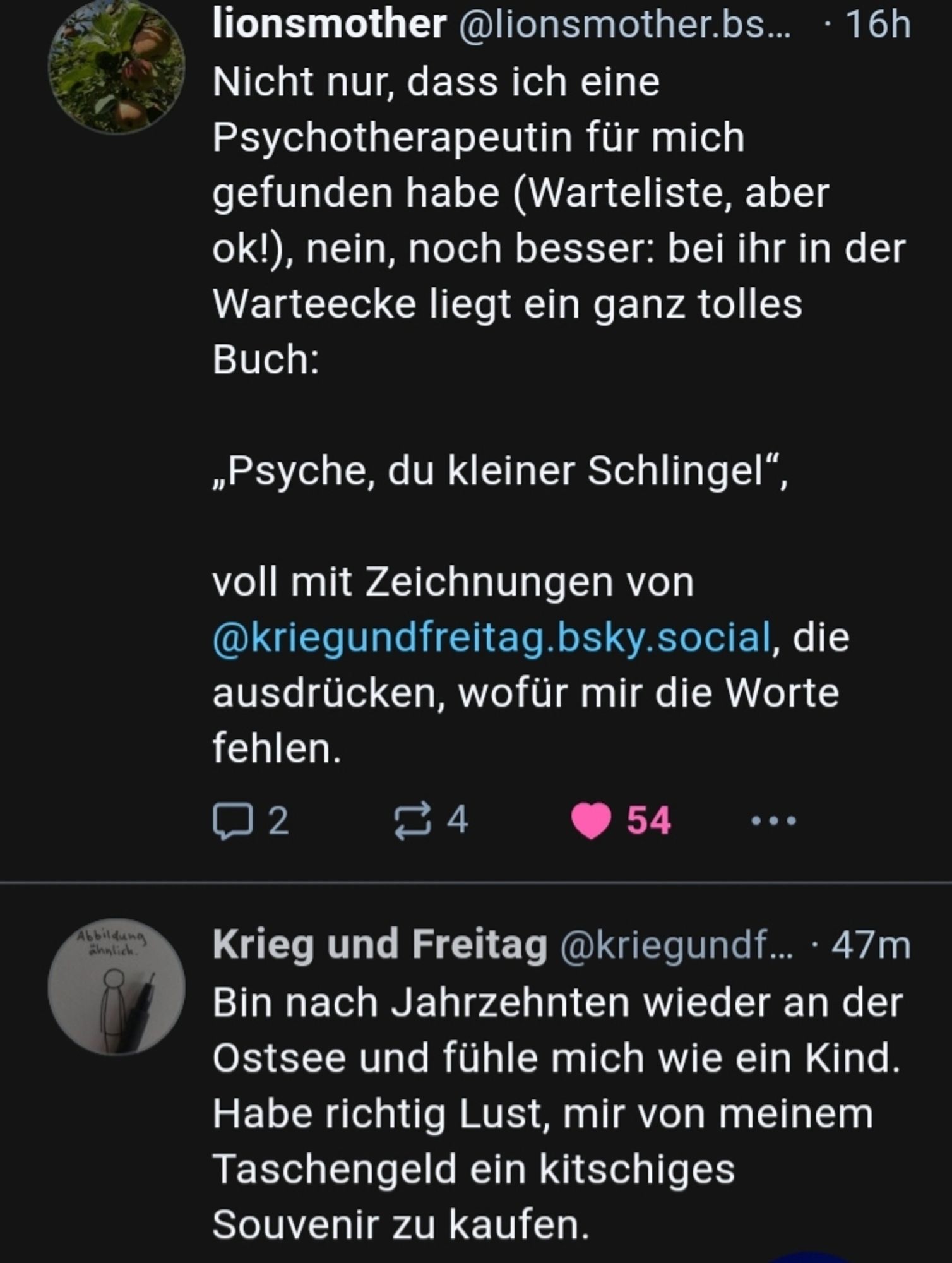 Zwei Posts in meiner Timeline. Im oberen Post erwähnt lionsmother den Account kriegundfreitag. Darunter folgt ohne jeden inhaltlichen Zusammenhang ein kriegundfreitag-Post.