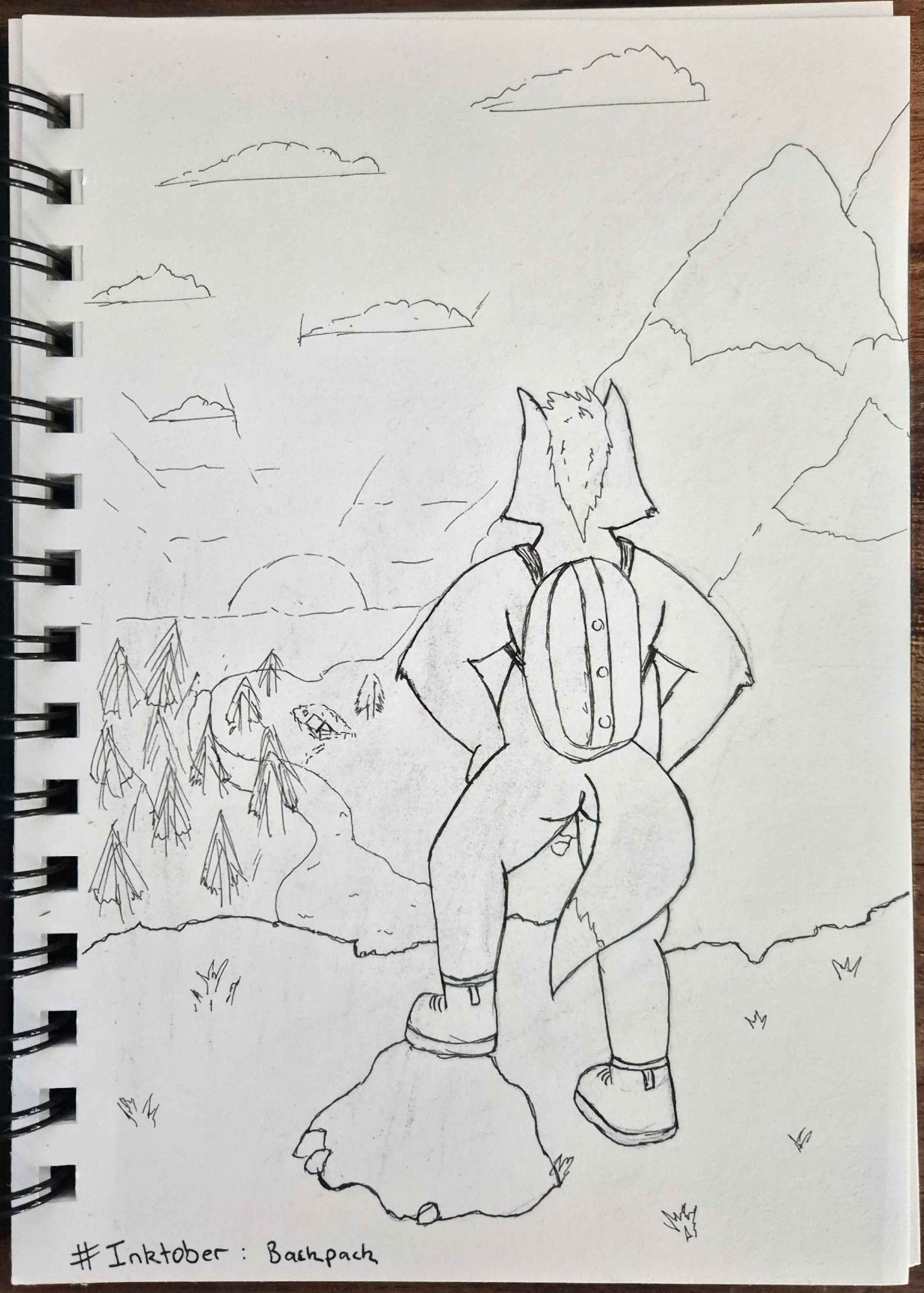 A lineart drawing of a nude furry character with a backpack on overlooking a scenic vista of a river and mountain with the sun rising