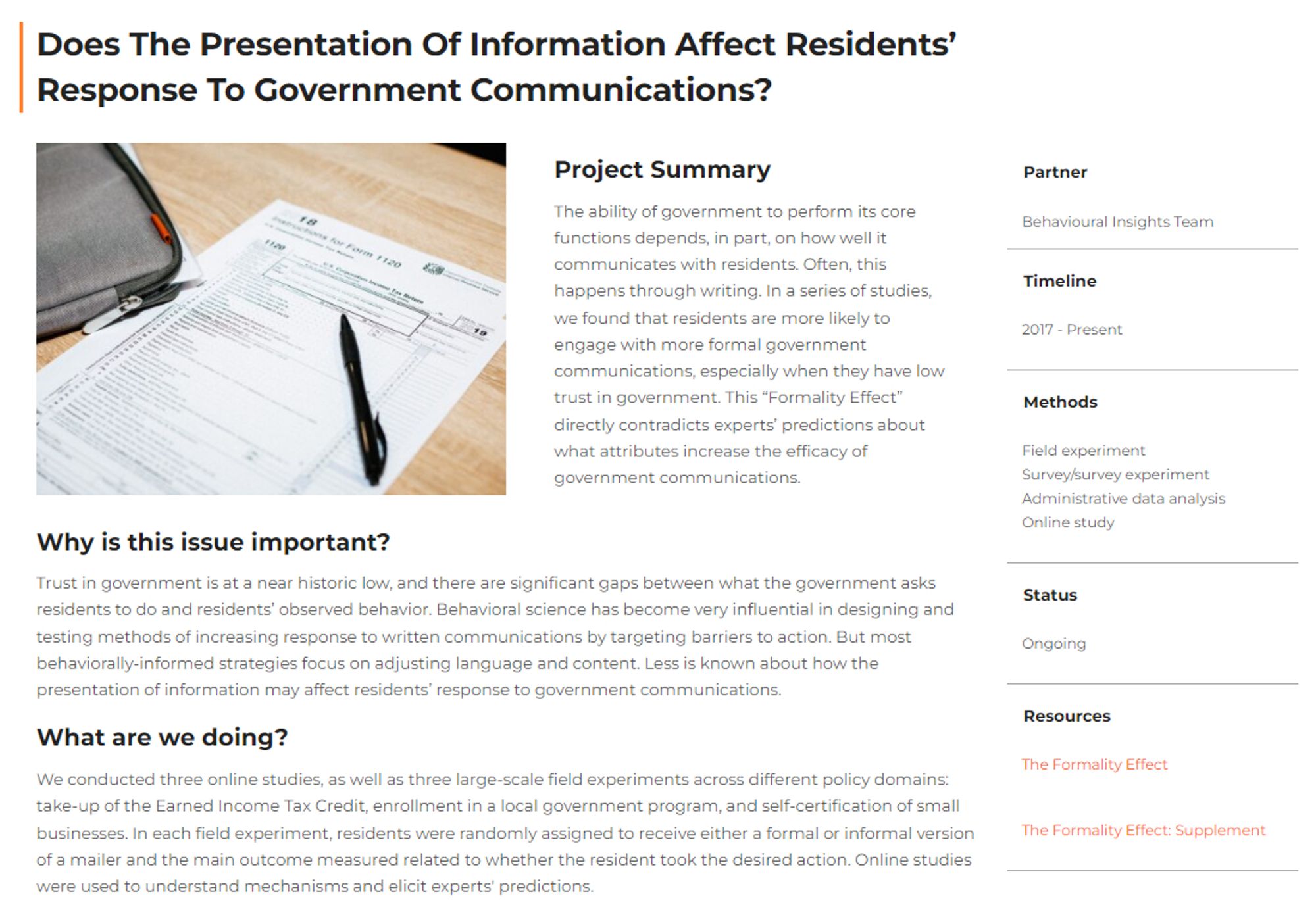 A screenshot of the project page for The Formality Effect on The People Lab's website.