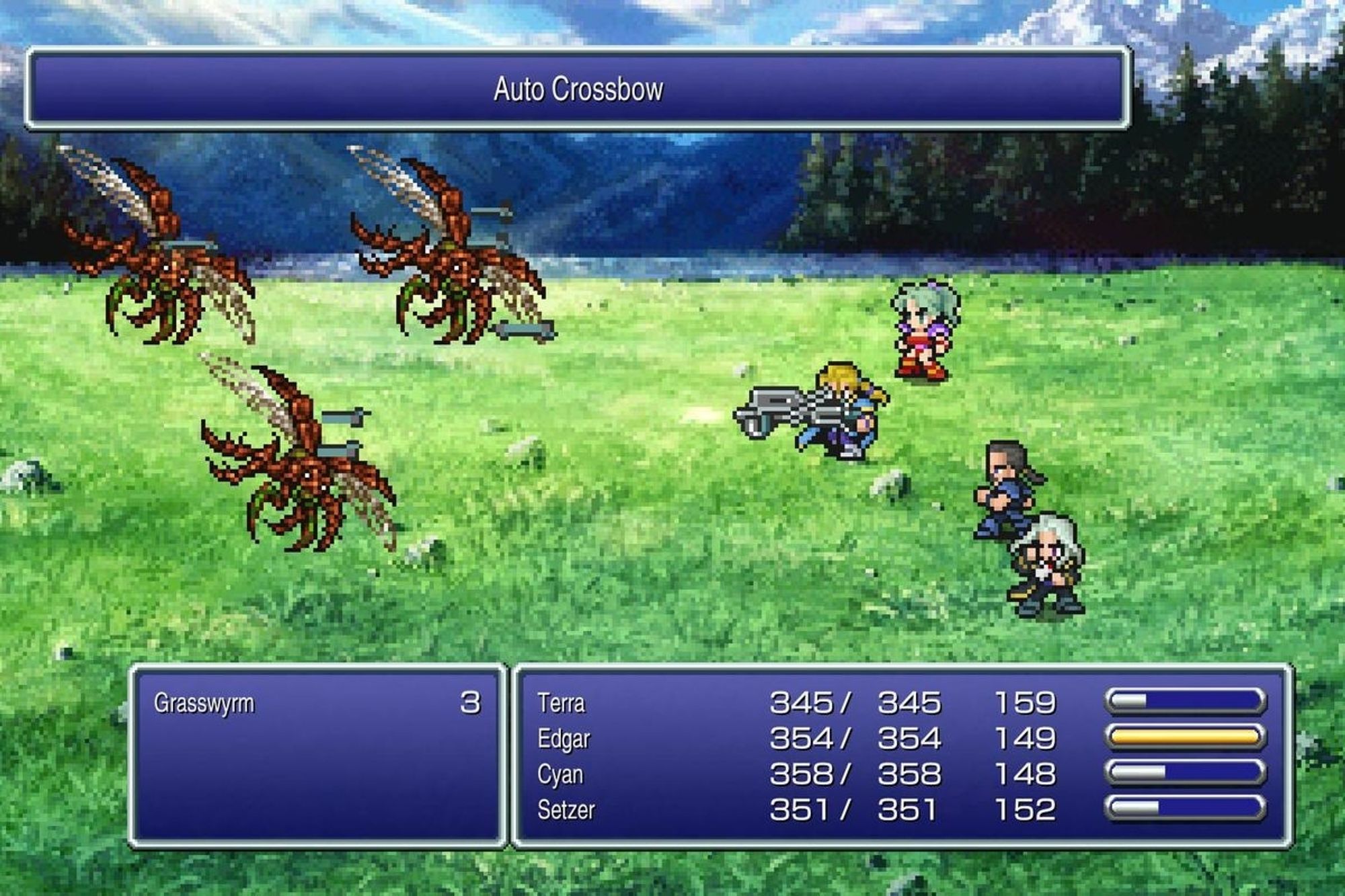 Example of updated graphics.  Battle scene, Edgar using the auto crossbow ability.