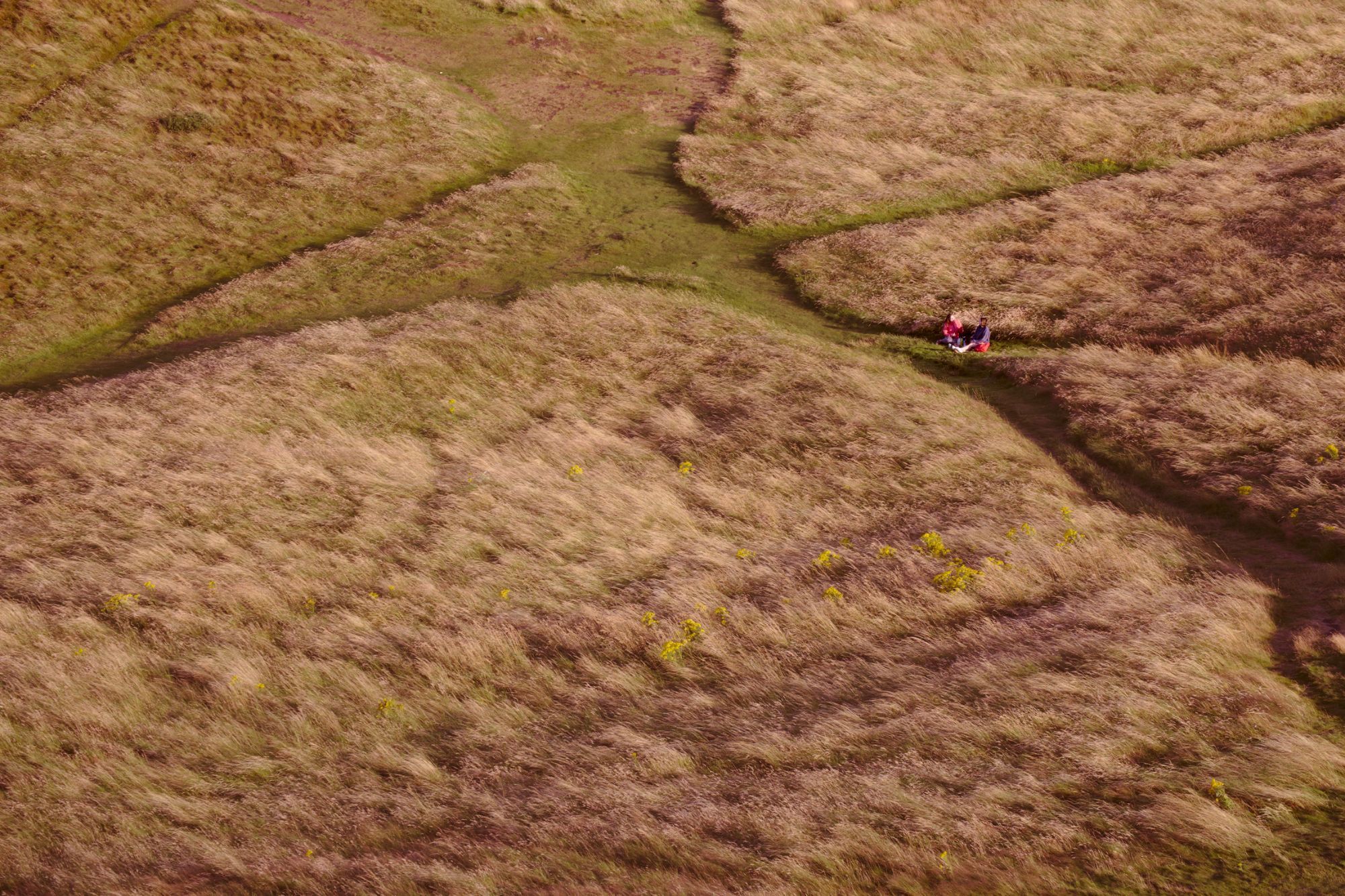 Evening shot of a hill in Holyrood Park overlooking Edinburgh. Two persons can be seen on the grassy hillside.