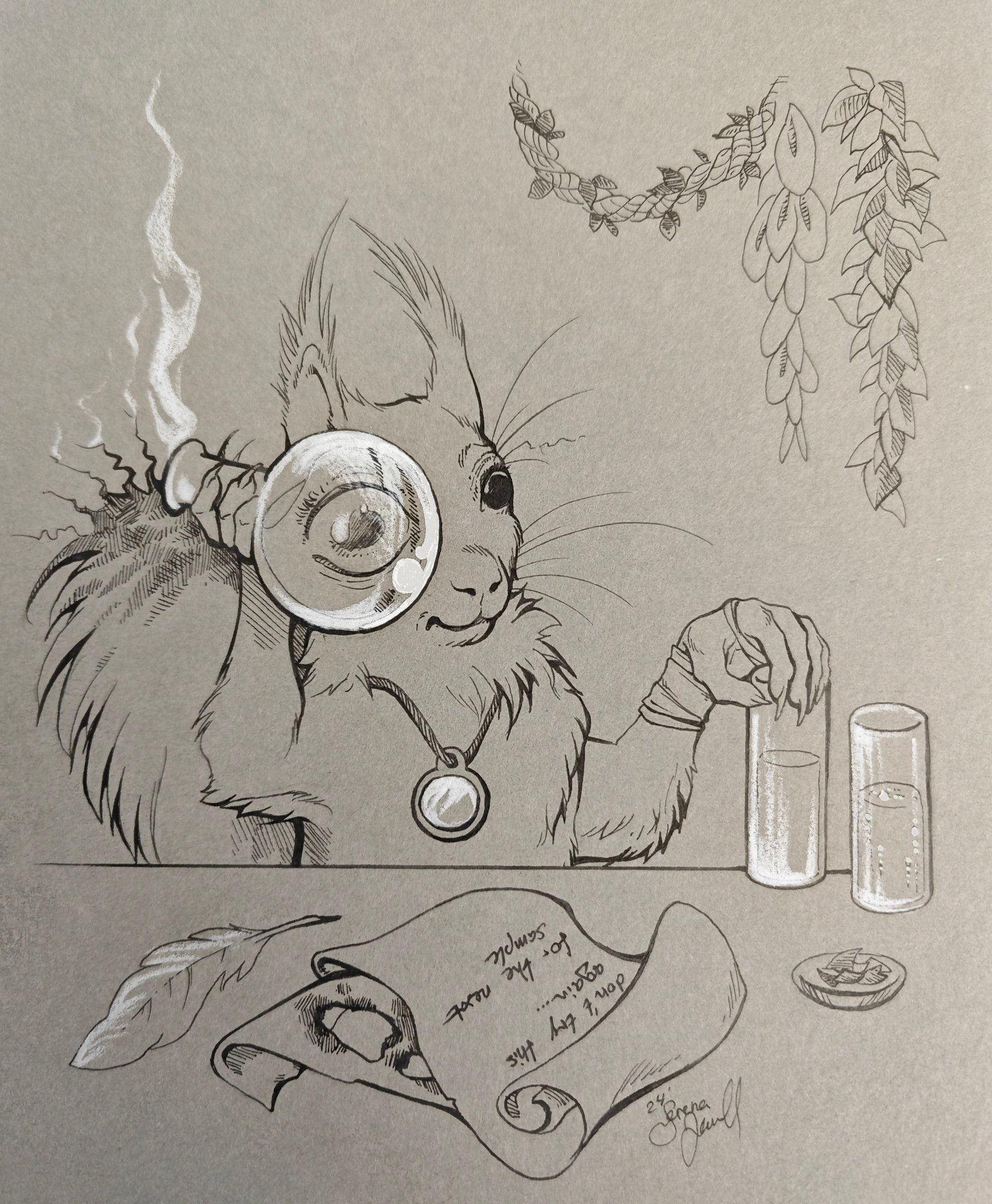 An ink piece of my second pen & paper prompt, a squirell alchemist. Looking through a test tube, surrounded by paper, leafs and other test tubes. It's Tail slightly burnt