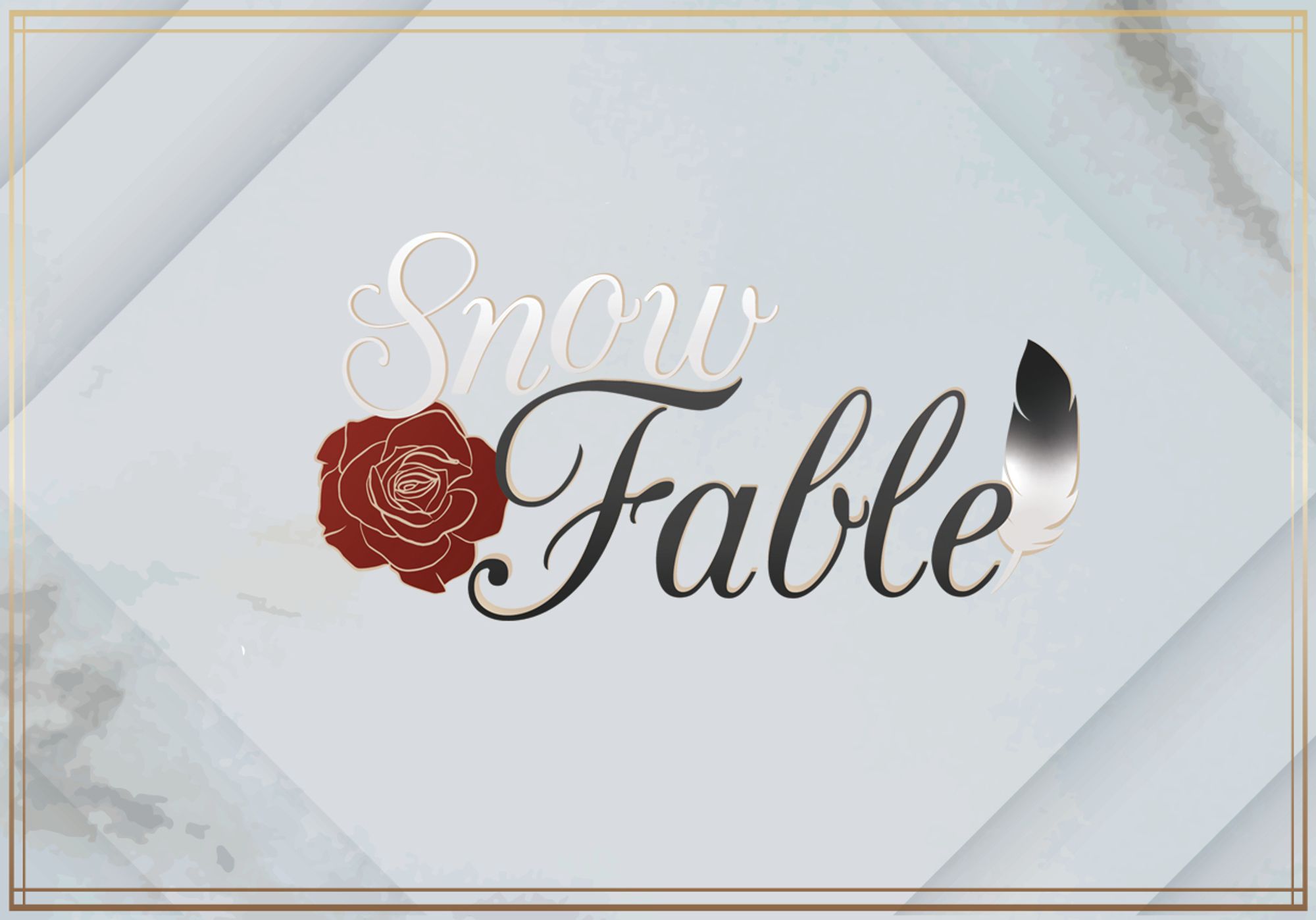 Logo made as gift for my friend @snowfable.bsky.social. It is written in a cursive style font with"Snow" in white and "Fable" in Black. It has a red and gold rose in the left side and a black and white feather in the left.