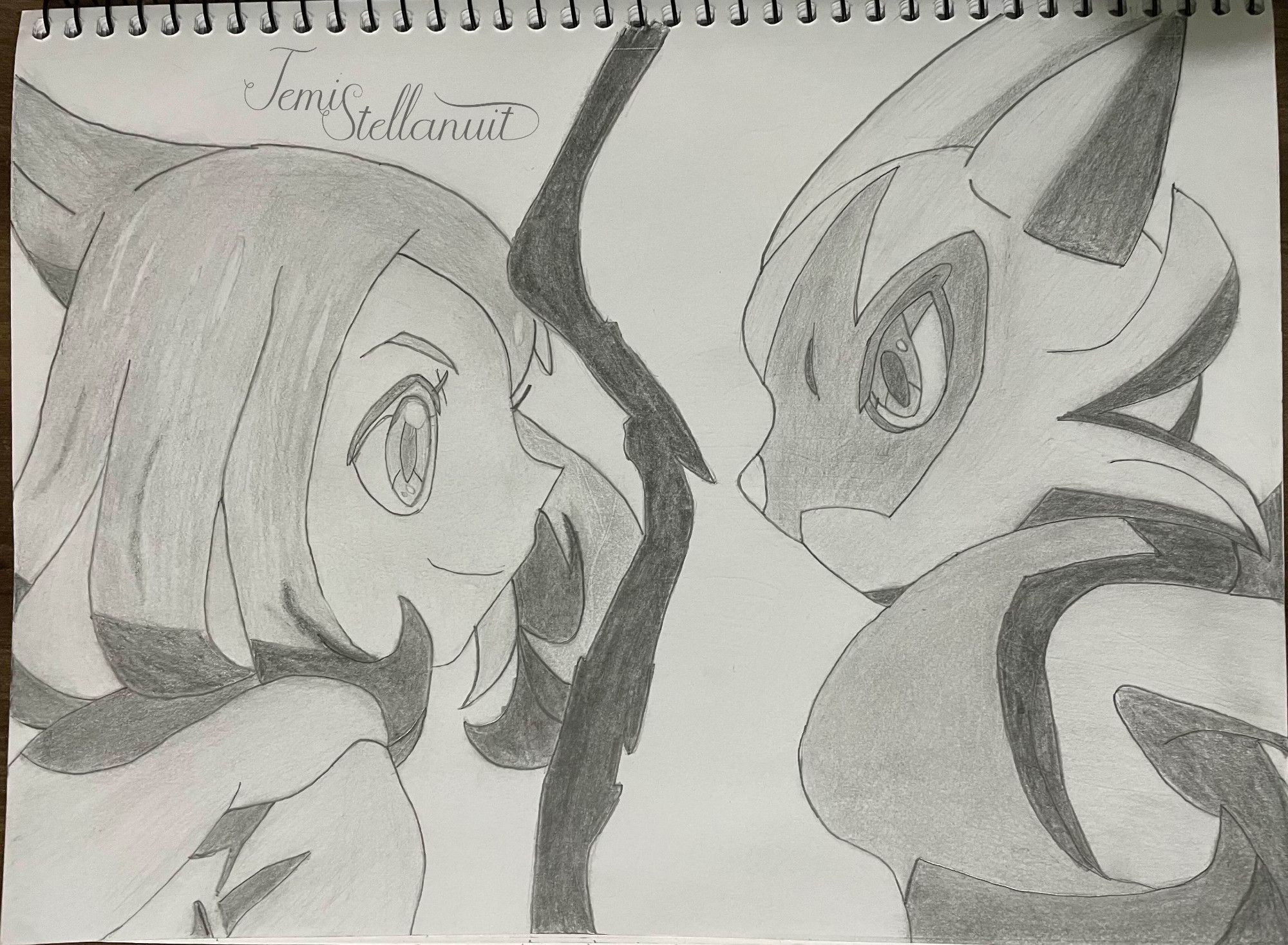 Traditional drawing of a scene of the ending song for the Pokémon Anime with the characters Liko and Sprigatito. Drawing made on a 150g/m² sketchbook with a H2, HB and 4B pencil.