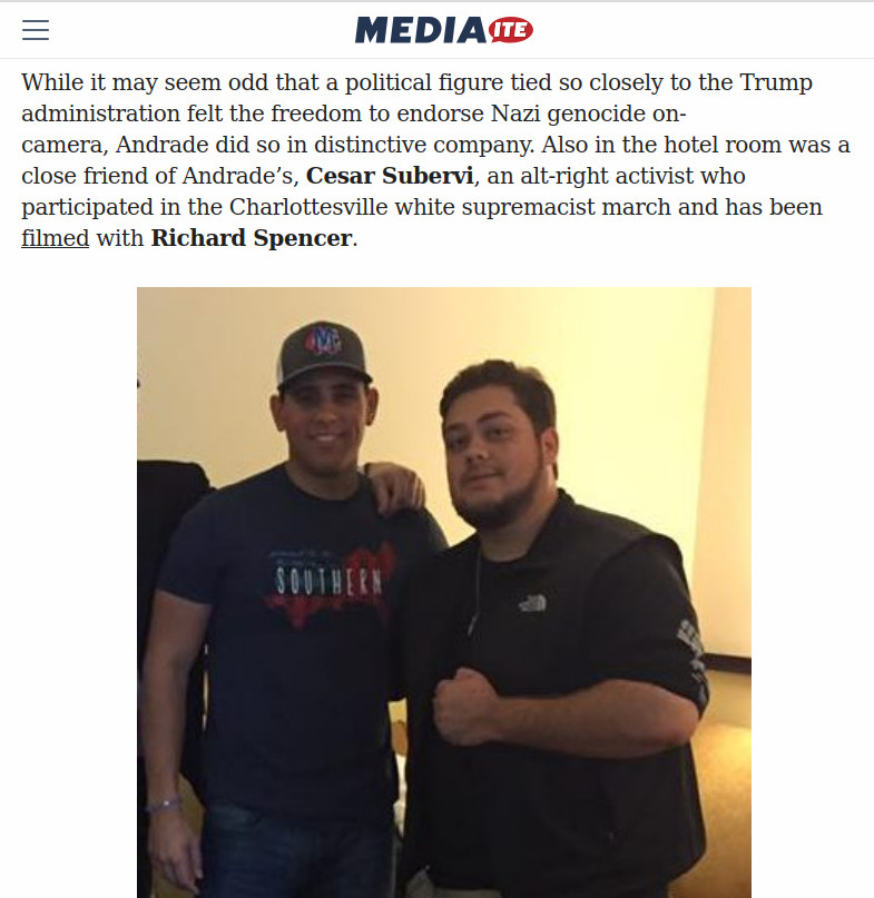Screenshot of a MetiaITE article showing Cesar Subervi with Andrade in a hotel room at a TPUSA event