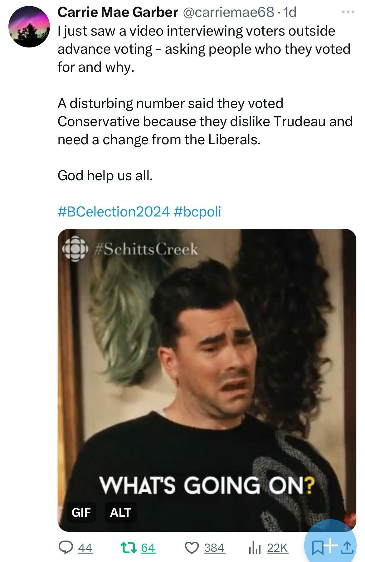 Screenshot of X post saying that folks surveyed voted for the Conservatives because they are tired of Trudeau and the Liberals.