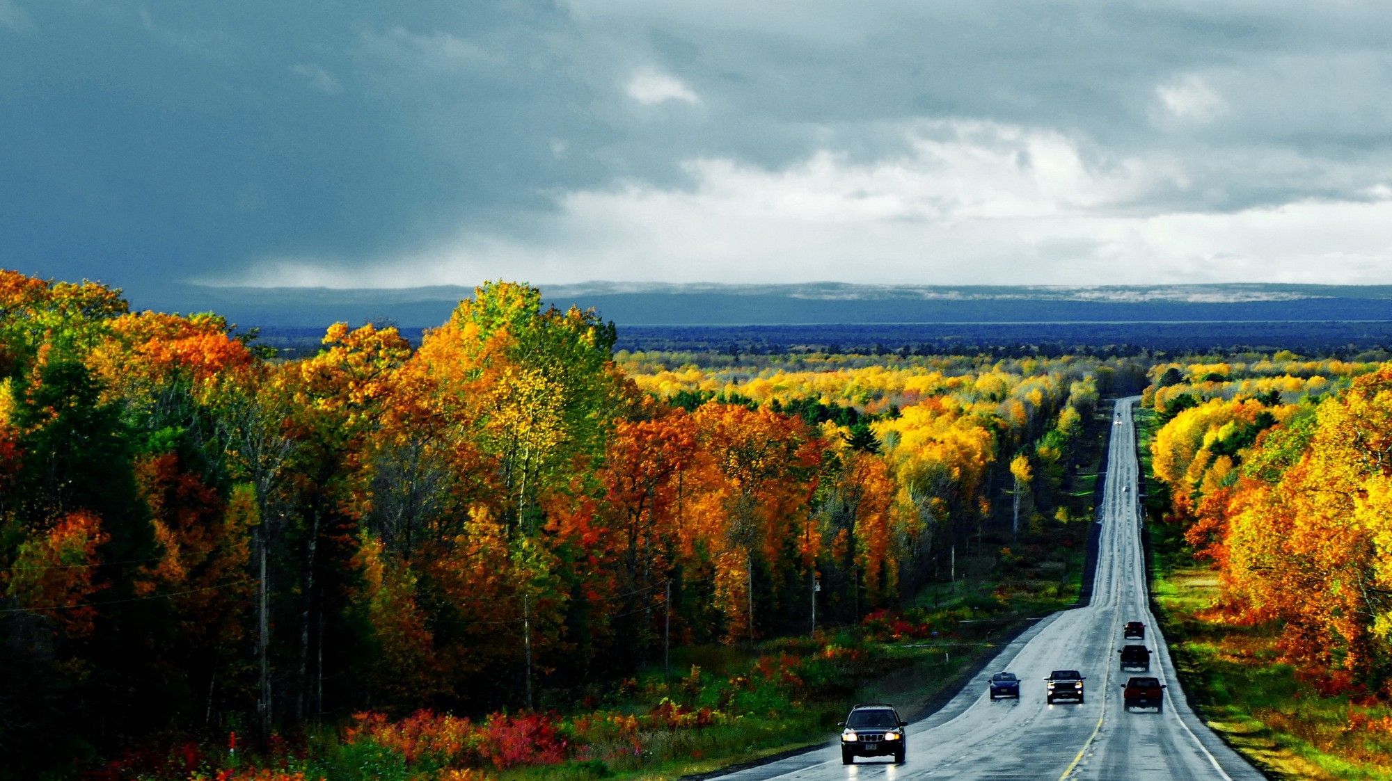 Une route en point de fuite ave quelques voitures. De chaque côté, une forêt abondante et colorée par l'automne. Les teintes vont du vert à l'orangé en passant par le jaune. Le ciel et nuageux et tourmenté.