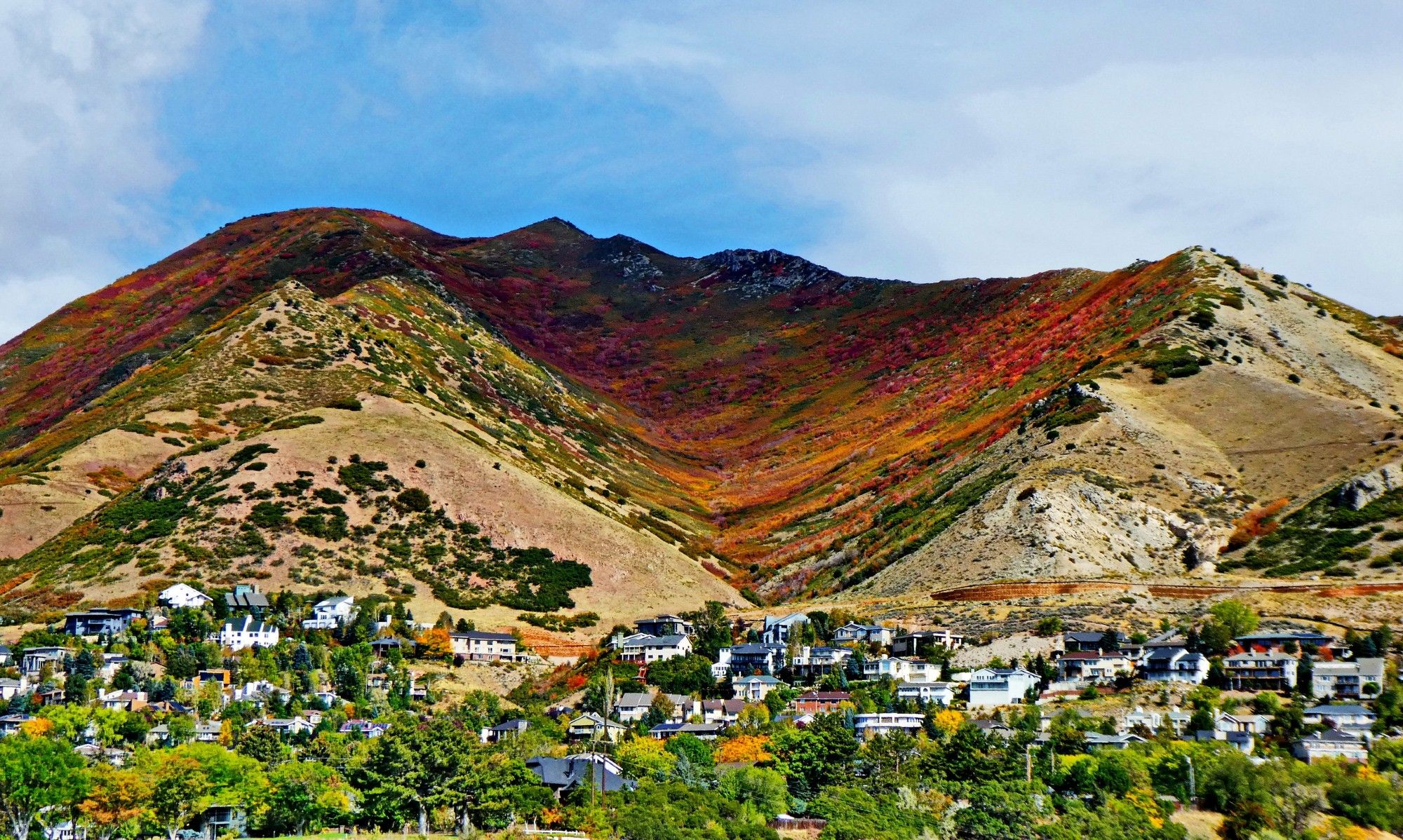 A l'avant-plan, un village parsemé du vert encore vif des arbres et de la nature environnante. En arrière-plan, une colline immense avec une vallée sur le milieu qui descend vers le village. Cette vallée est parsemée de buissons multicolores dont les teintes vives vont du jaune au rouge vif en passant par les teintes orangées.