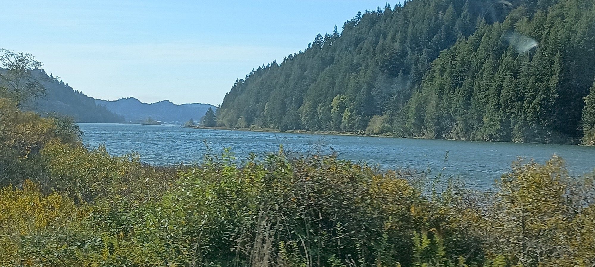 Vue sur un grand fleuve paisible, le fleuve Umpqua. Il est bordé de vertes collines couvertes de forêts sauvages.