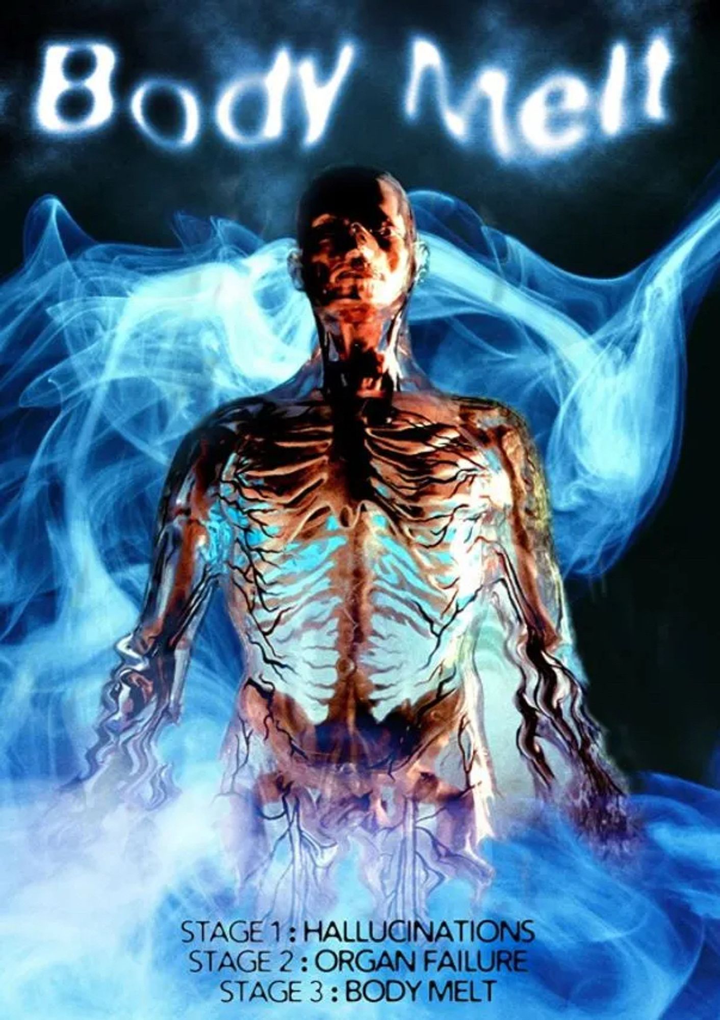 Poster for “Body Melt”

A blurry image of a human body showing skeleton and nervous system stands surrounded by blue smoke. Tagline reads:
STAGE 1: HALLUCINATIONS 
STAGE 2: ORGAN FAILURE
STAGE 3: BODY MELT