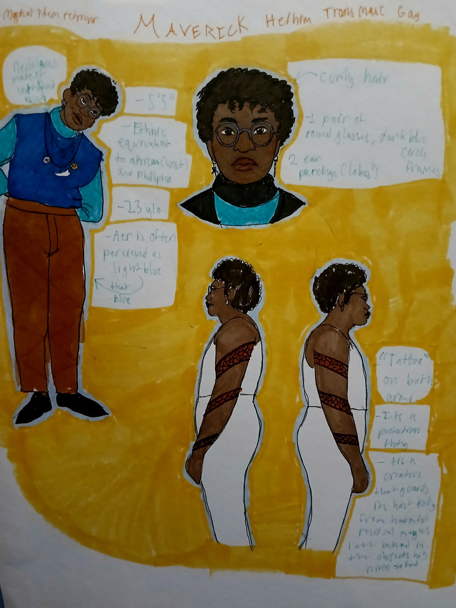 Ref sheet of an average height, dark skinned, curly haired individual with glasses. Each drawing of them has text which I'll add later.