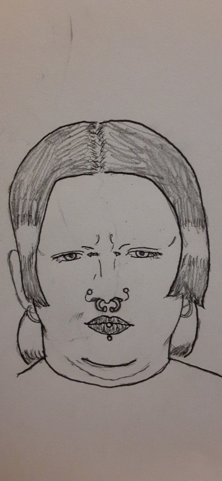 A grayscale portrait of a fat person with a double chin. They have no eyebrows short hair that's shaded a dark gray then white then gray. Their hair ends at the top of the spine. They have a lower lip piercing, two nostril piercings, a septum piercing, a bridge piercing and two small hoop earrings.