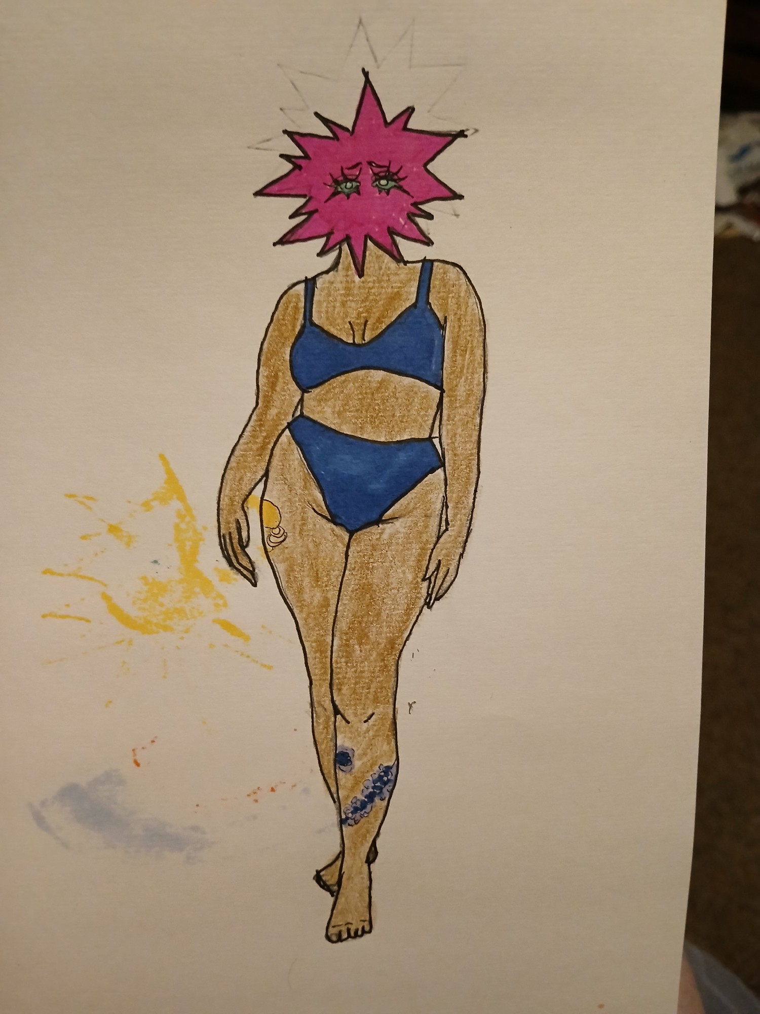 A full body picture of a chubby person with a magenta/pink star for a head. They have downturned eyes with long lashes and green sclera. The irises are white. The person has brown skin with a yellow tattoo of nothing in particular on the upper left thigh and lavender on the right calf. They are wearing an underwear set with dark blue high waist bottoms and a matching blue top.