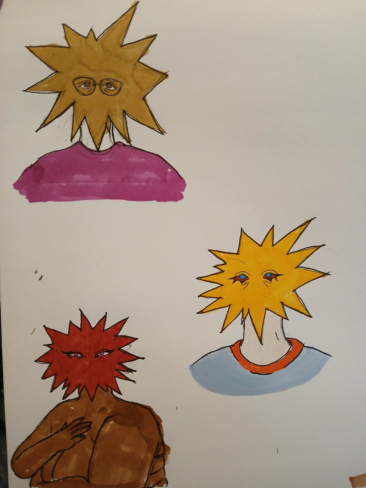 3 traditionally drawn busts of 3 people with star burst heads. The upper most one has round glasses, a dark yellow head, downturned brown eyes, white skin where the neck is visible and a purple shirt.

The next one down and to the right most side of the page has a bright, saturated yellow head, saturated blue eyes and red sclera, the skin that is visible is pale, the color of the shirt they wear is red while the rest is light blue

The last one down and to the left has brown skin where it is visible. They wear no shirt. They are fat and they are covering up their chest with their arms but cleavage is visible. The star of their head is a crimson red and their eyes are magenta.