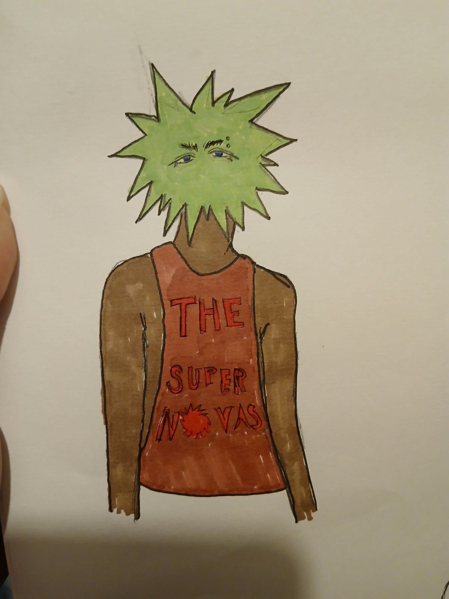 A traditional drawing of a dark-skinned person with a green star for a head. They are wearing a dusky red tank top with bright red lettering reading: The Super Novas the 'o' is also a star. They have blue downturned eyes, eyebrows and an eyebrow piercing on the right eyebrow.